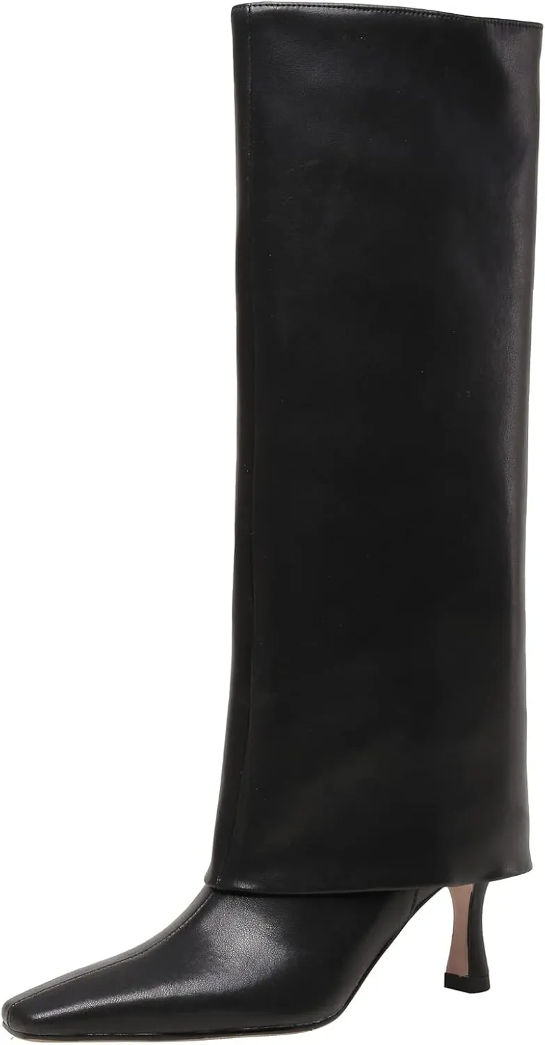 Kluolandi Women's Stiletto High Heel Knee High Boots Pointed Toe Fold Over Boots for Women Knee High Dress Shoes