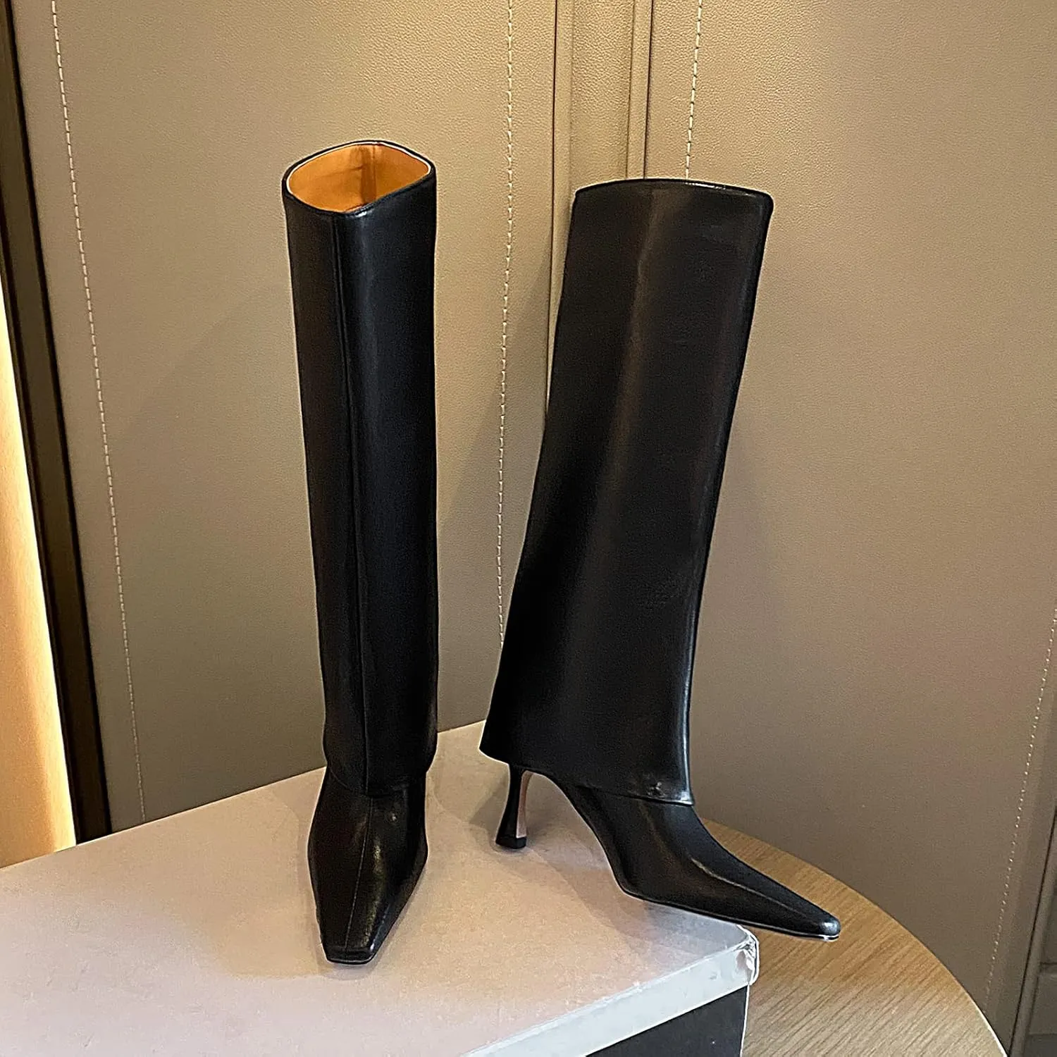 Kluolandi Women's Stiletto High Heel Knee High Boots Pointed Toe Fold Over Boots for Women Knee High Dress Shoes