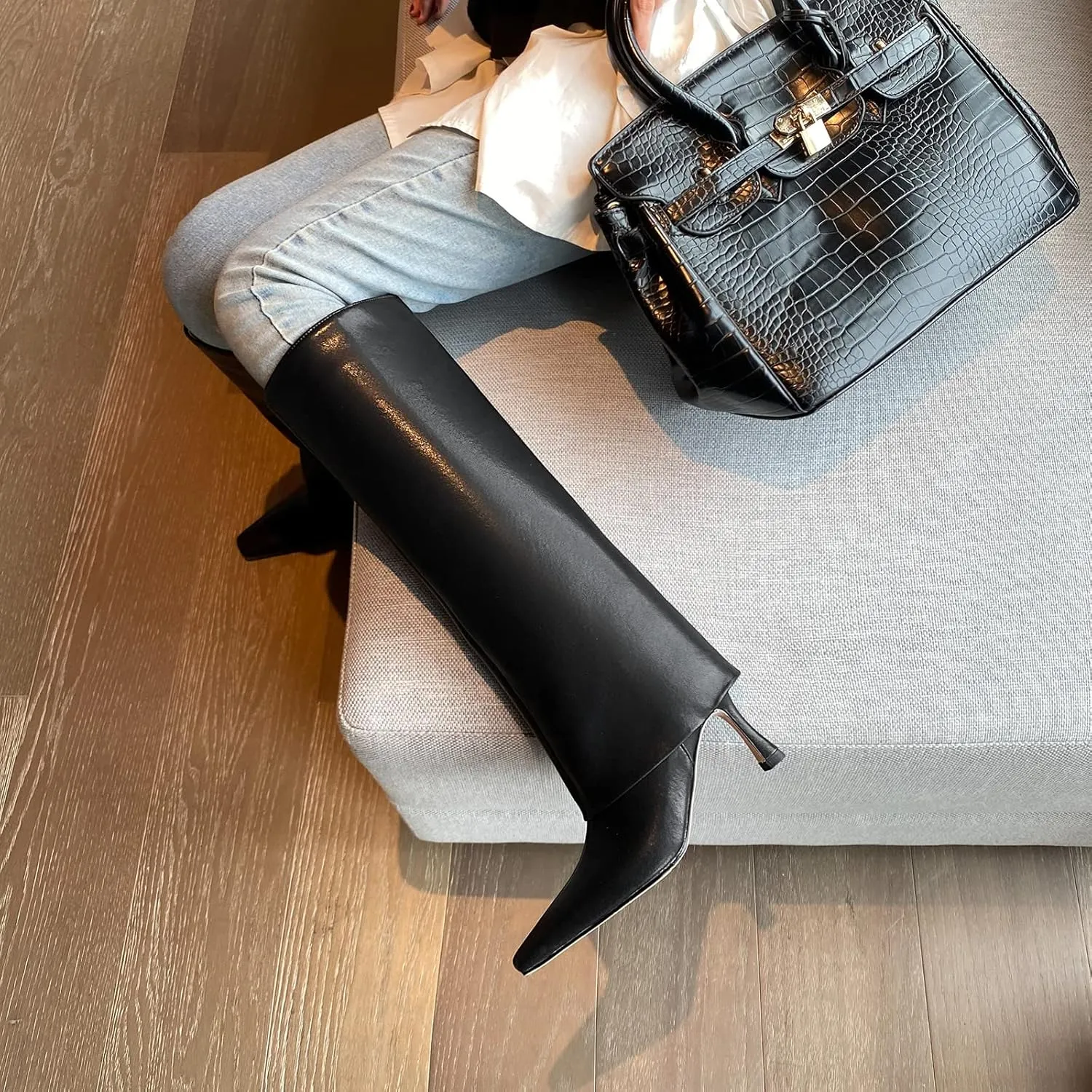 Kluolandi Women's Stiletto High Heel Knee High Boots Pointed Toe Fold Over Boots for Women Knee High Dress Shoes