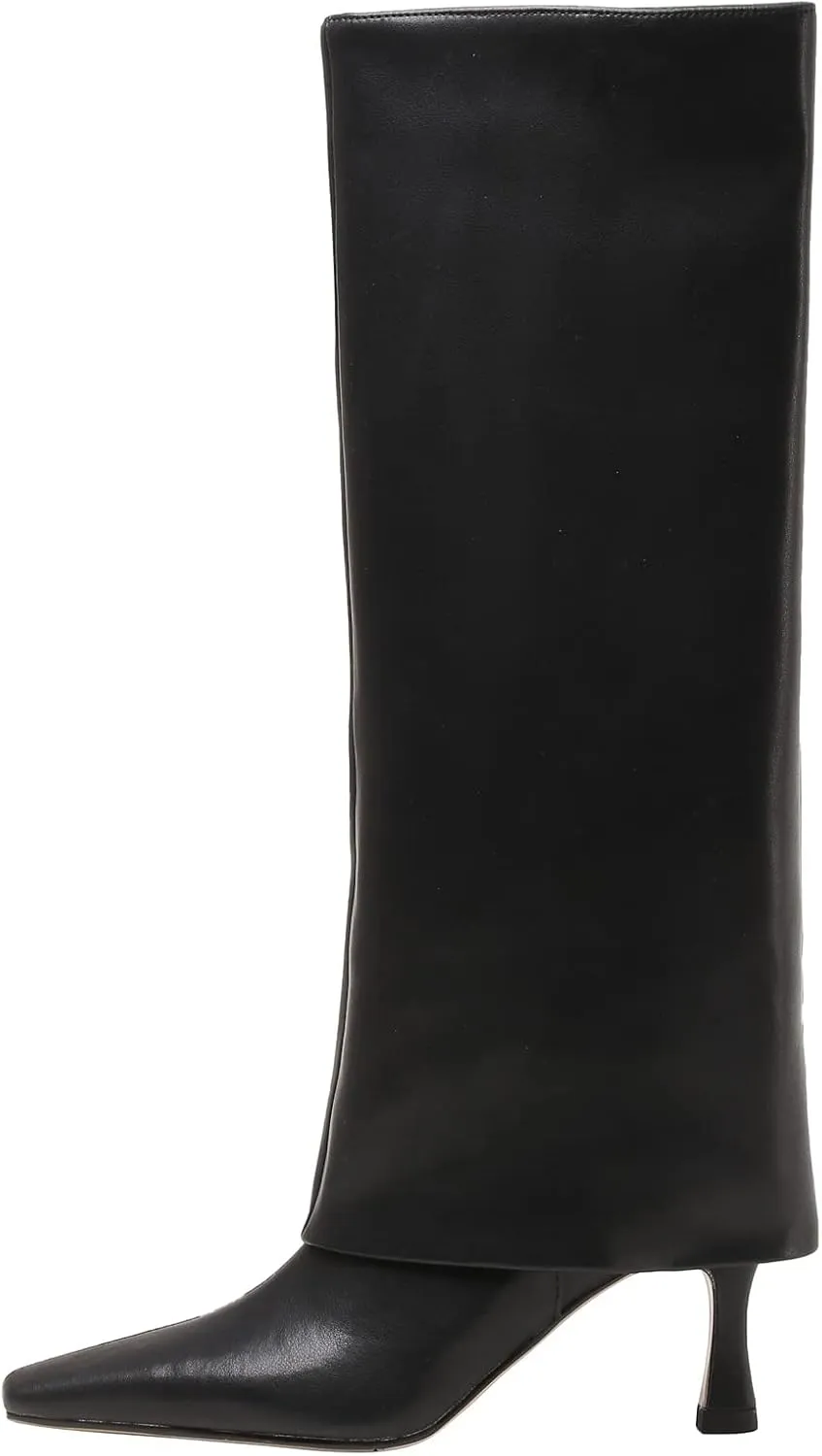 Kluolandi Women's Stiletto High Heel Knee High Boots Pointed Toe Fold Over Boots for Women Knee High Dress Shoes