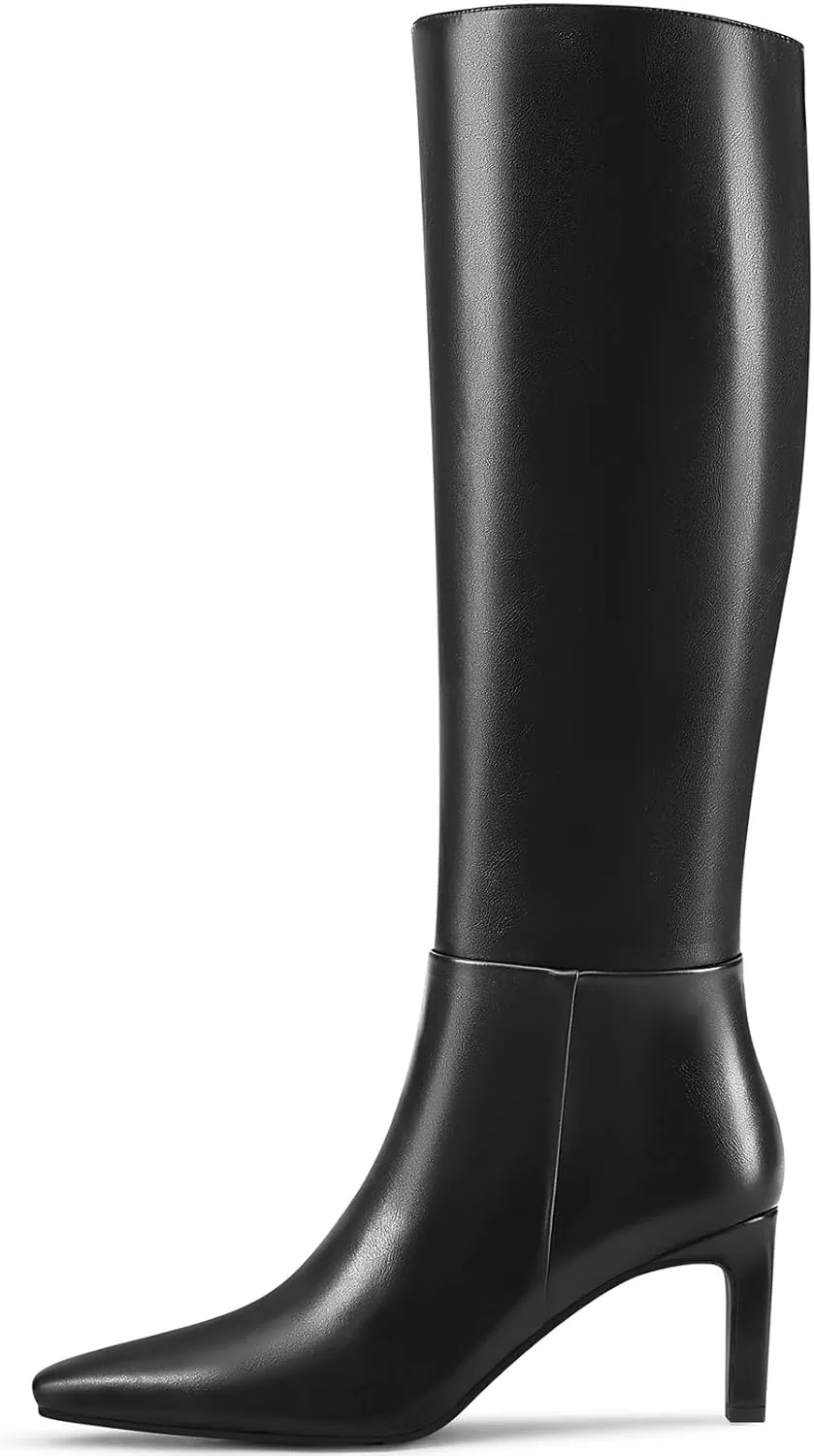 Knee High Boots with Block Heel Pointed Square Toe Side Zipper Tall Boots
