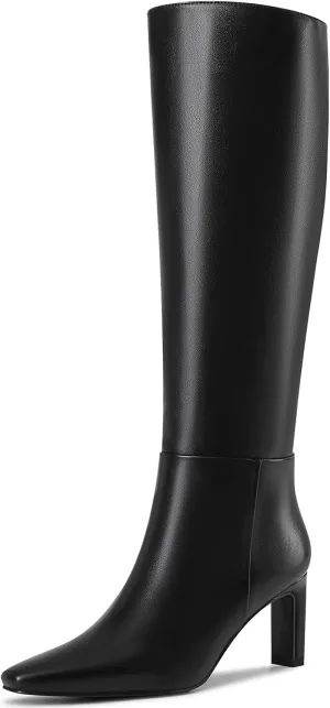 Knee High Boots with Block Heel Pointed Square Toe Side Zipper Tall Boots
