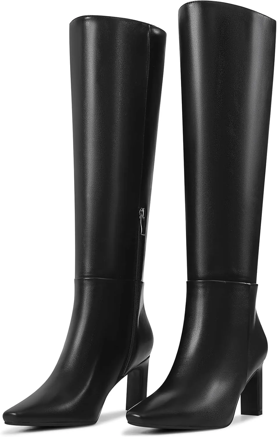 Knee High Boots with Block Heel Pointed Square Toe Side Zipper Tall Boots