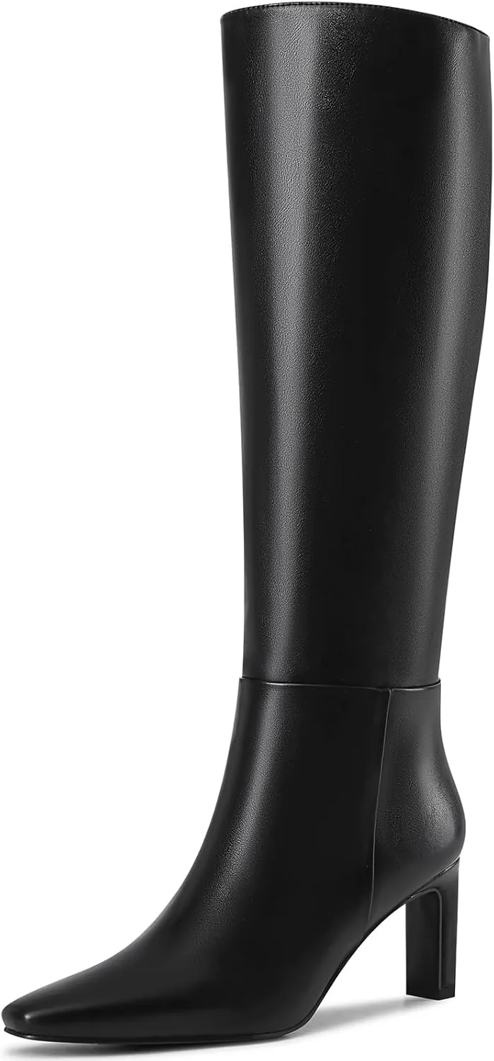 Knee High Boots with Block Heel Pointed Square Toe Side Zipper Tall Boots