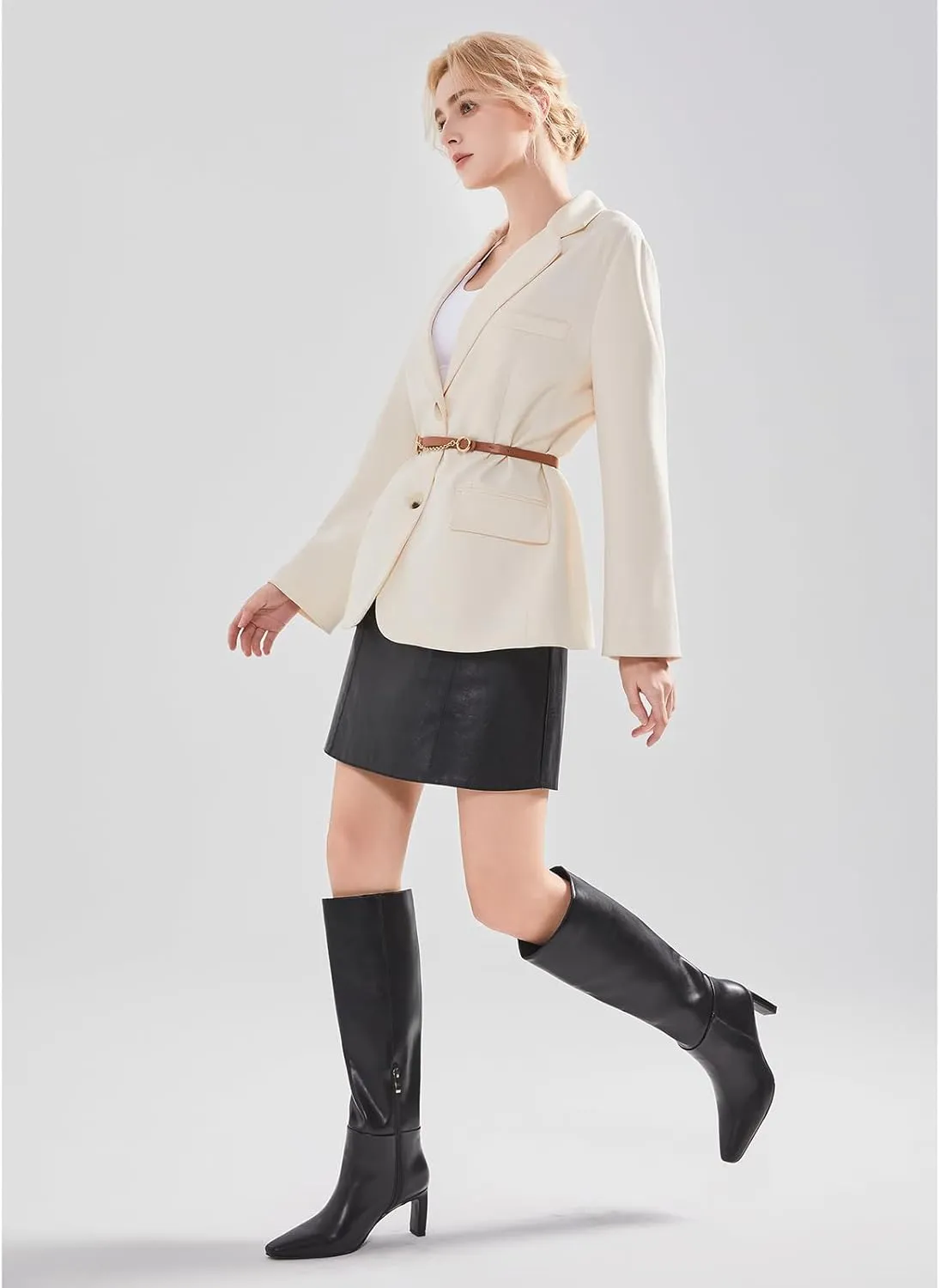 Knee High Boots with Block Heel Pointed Square Toe Side Zipper Tall Boots
