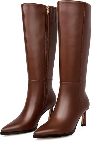 Knee High Boots Women 2.8 In Stiletto Boots for Women High Heel Faux Leather Pointed Toe Side Zipper Dress Kitten Heel