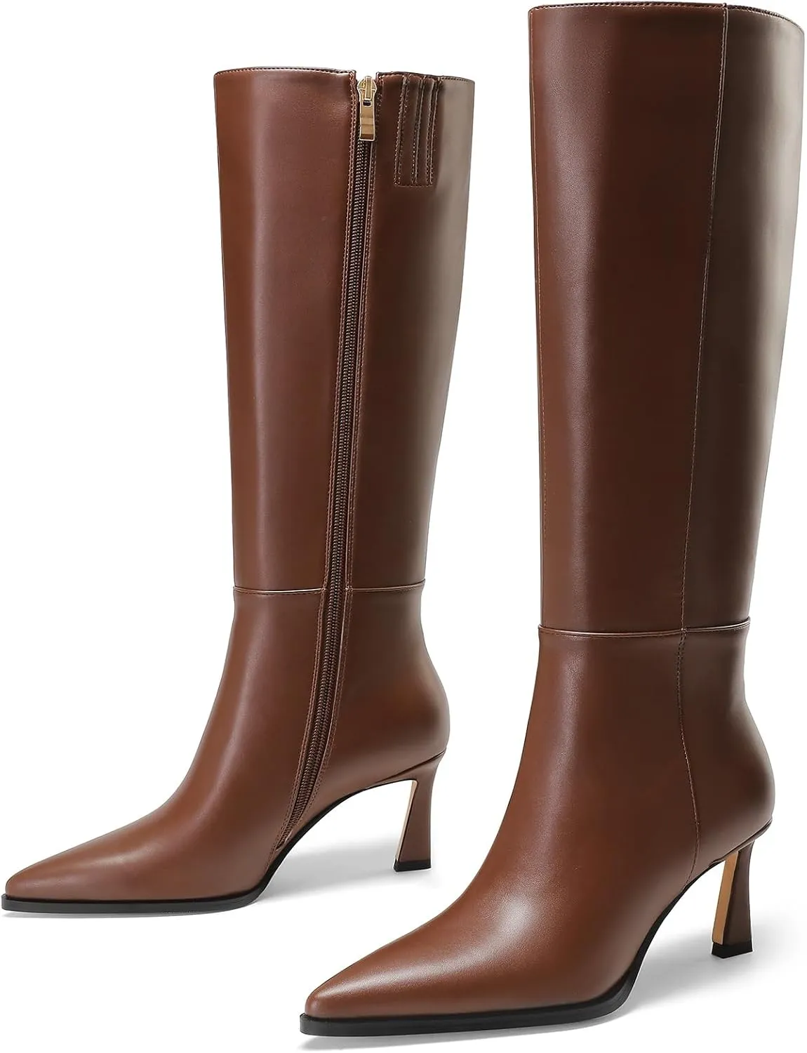 Knee High Boots Women 2.8 In Stiletto Boots for Women High Heel Faux Leather Pointed Toe Side Zipper Dress Kitten Heel