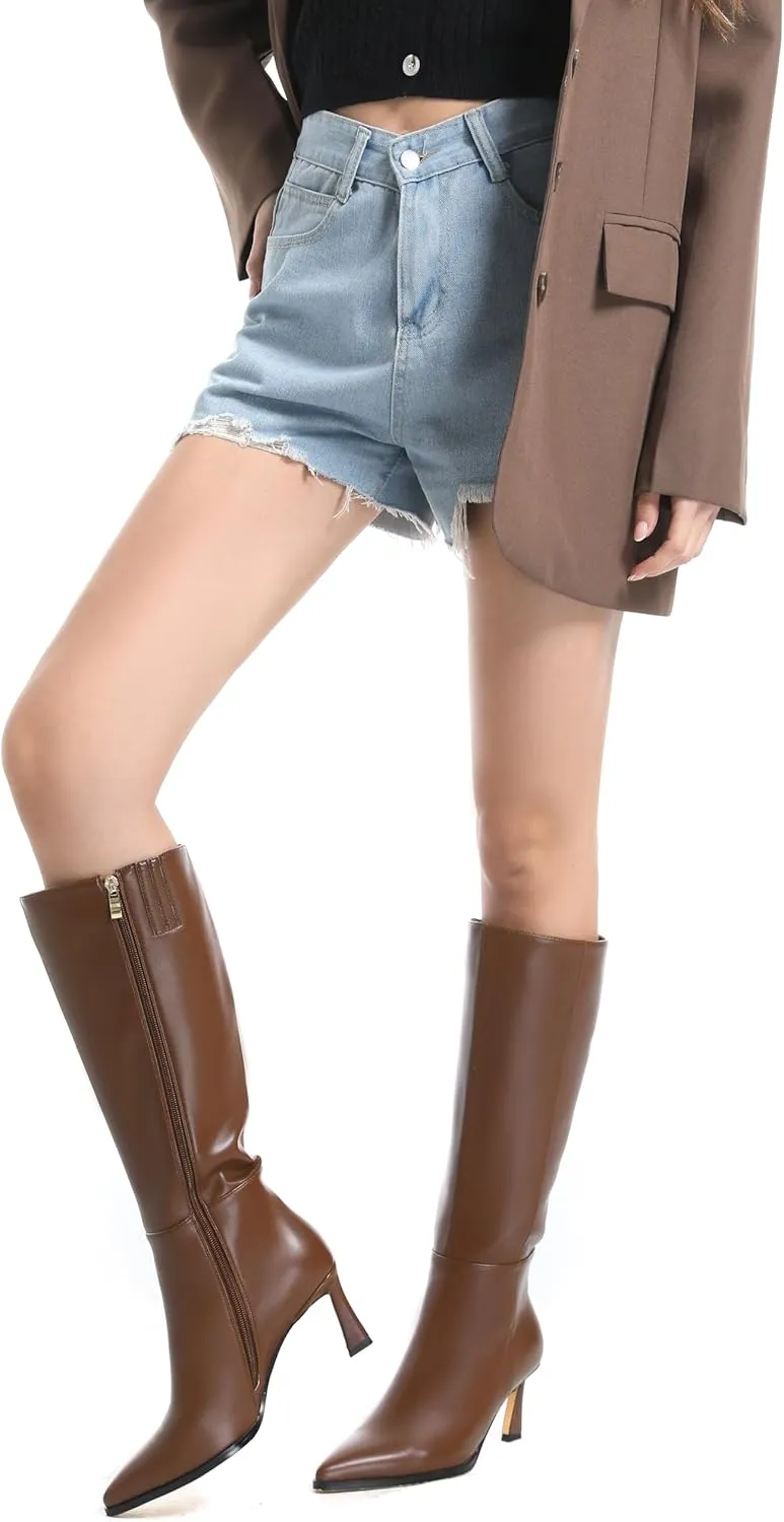 Knee High Boots Women 2.8 In Stiletto Boots for Women High Heel Faux Leather Pointed Toe Side Zipper Dress Kitten Heel