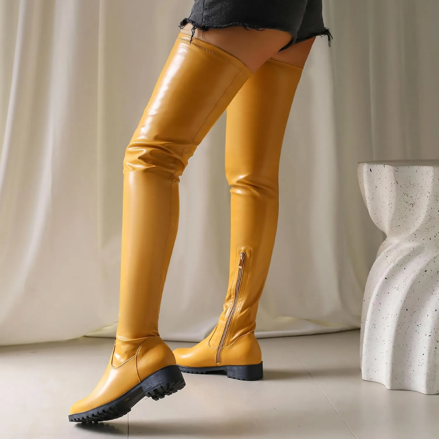 Knee High Boots Women Thigh High Over Knee Stretch Fashion Low Chunky Heel Round Toe Zipper Winter Boots Black Red US4.5-14