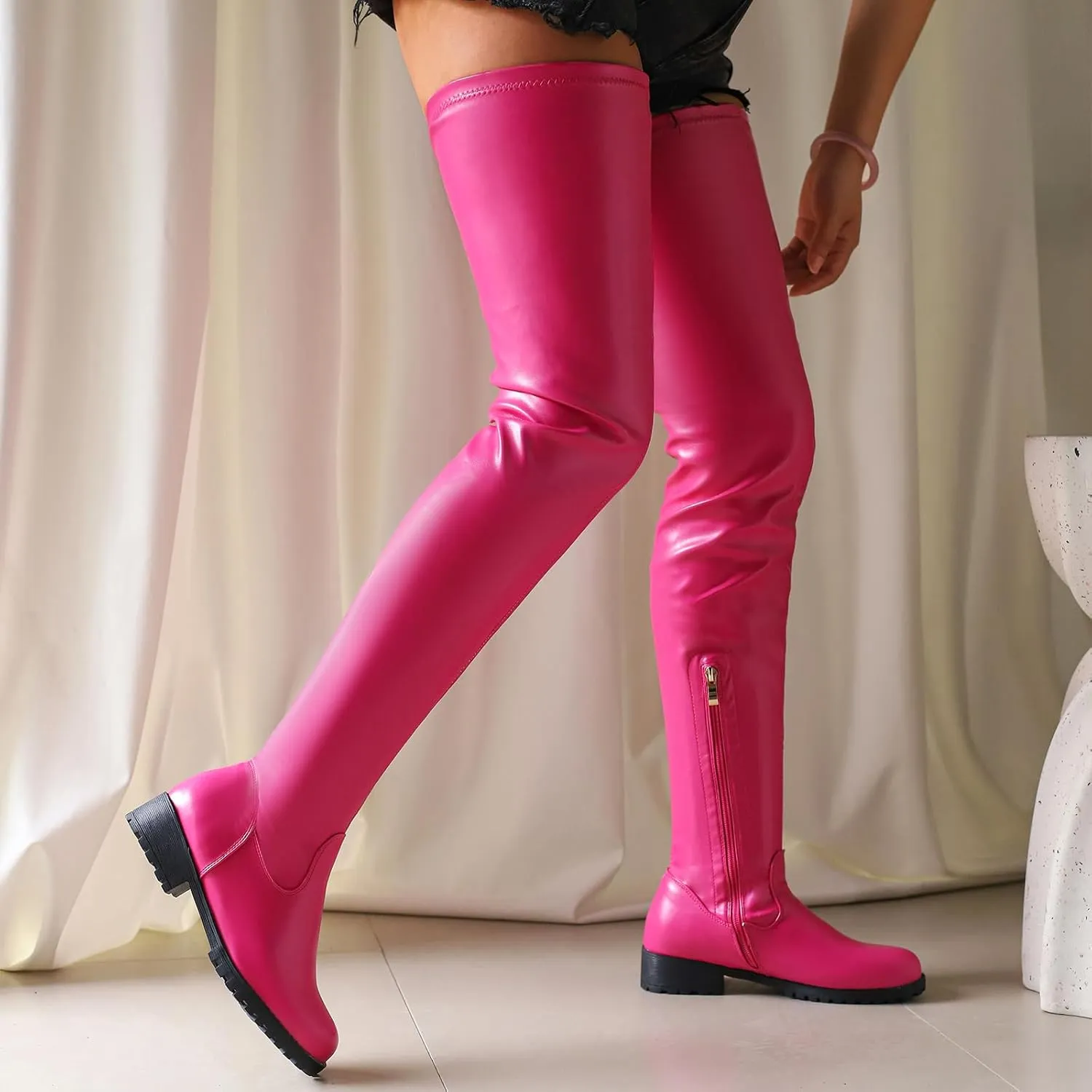 Knee High Boots Women Thigh High Over Knee Stretch Fashion Low Chunky Heel Round Toe Zipper Winter Boots Black Red US4.5-14