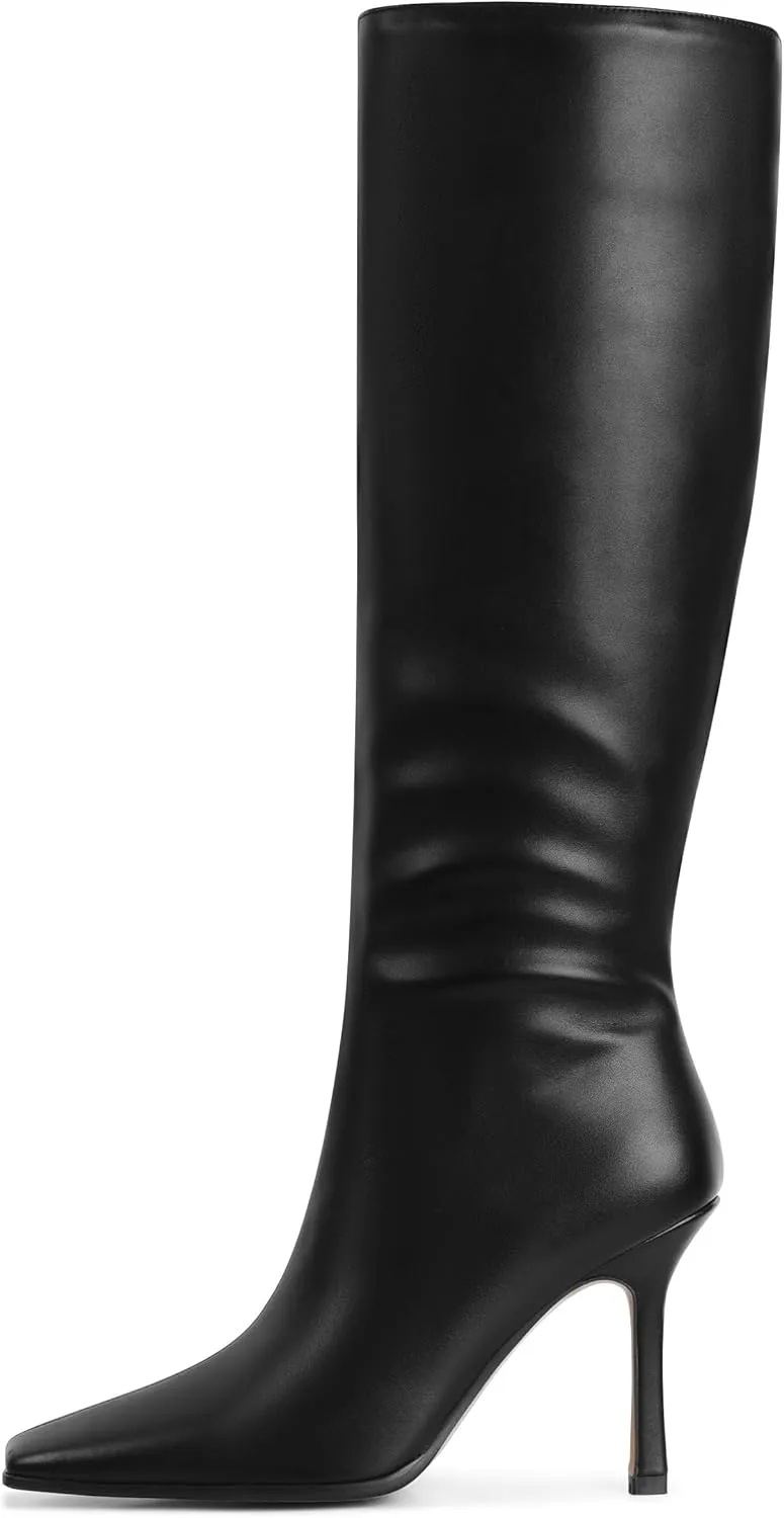 Knee High Boots, Women Thigh High Tall Leather Square Toe 3.74 In Stiletto Heel Sexy Fashion Side Zipper Fall Winter Long Boots