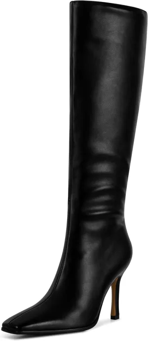 Knee High Boots, Women Thigh High Tall Leather Square Toe 3.74 In Stiletto Heel Sexy Fashion Side Zipper Fall Winter Long Boots