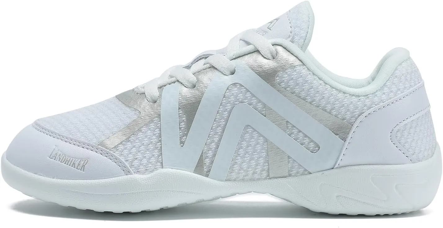 LANDHIKER Womens White Girls Cheer Shoes Cheerleading Shoes Youth Sports Training Athletic Flats Lightweight Breathable Comfortable Fabric Kids Cheer Sneakers Size