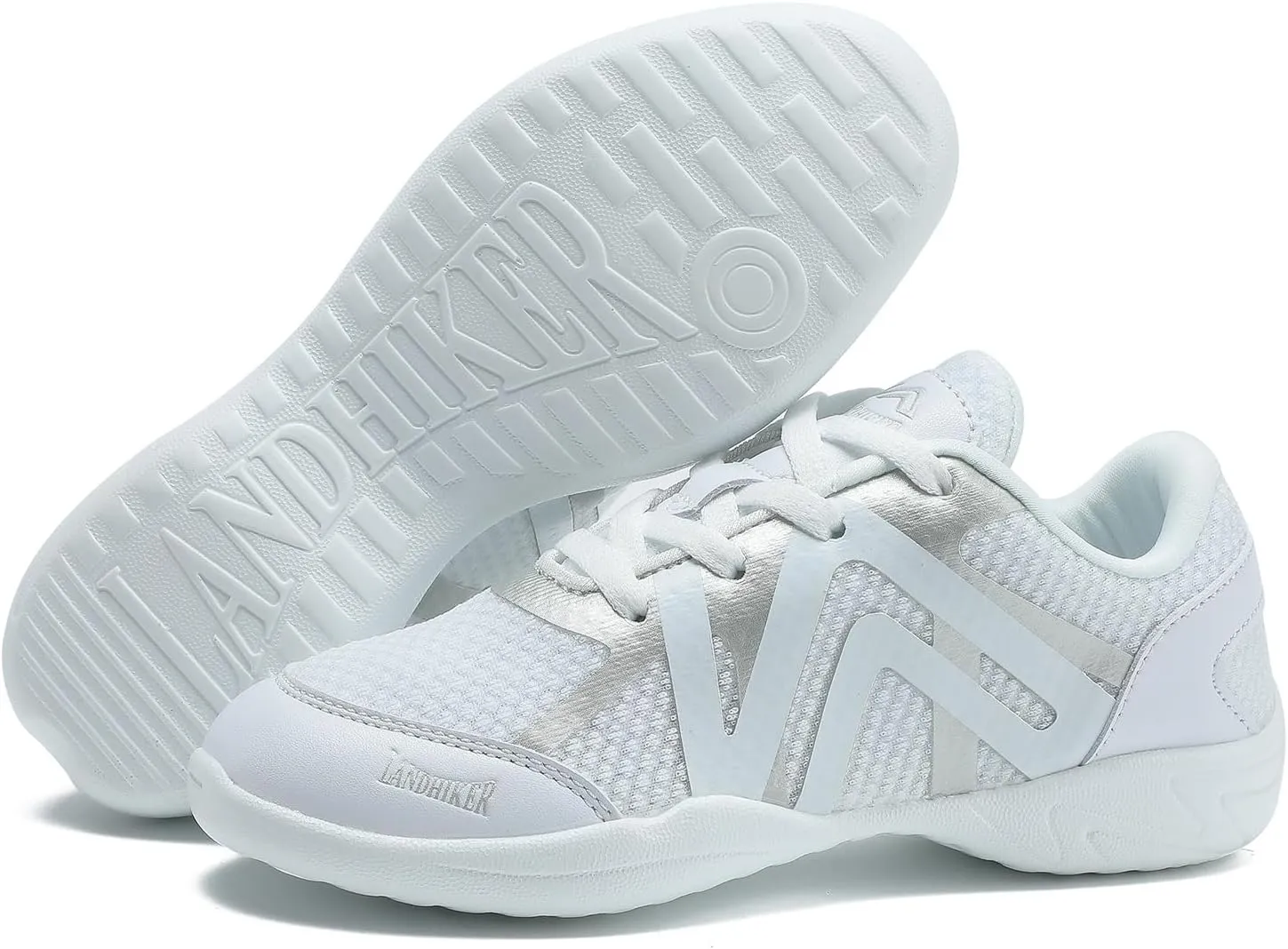 LANDHIKER Womens White Girls Cheer Shoes Cheerleading Shoes Youth Sports Training Athletic Flats Lightweight Breathable Comfortable Fabric Kids Cheer Sneakers Size