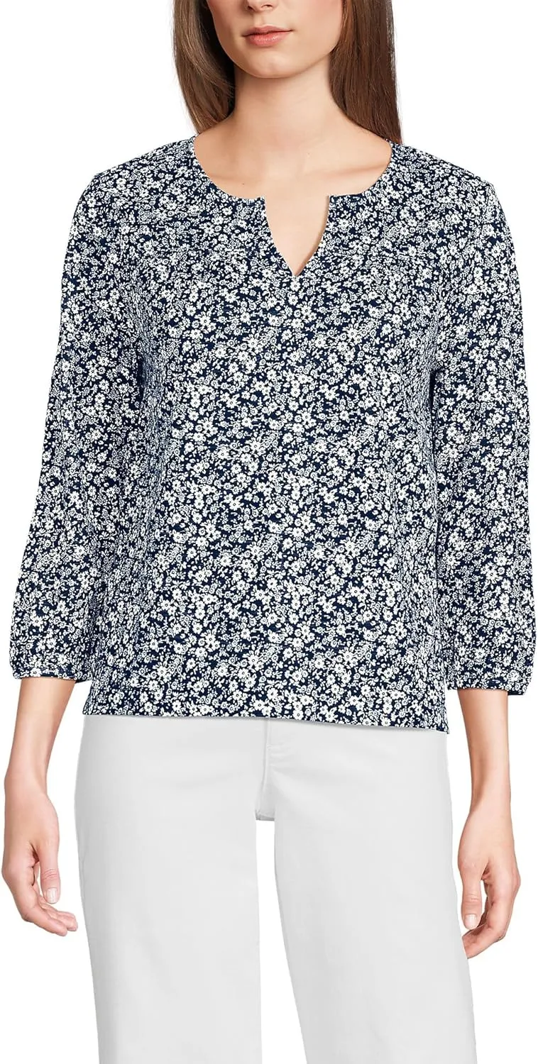 Lands' End Women's 3/4 Sleeve Slub Notch Neck Top