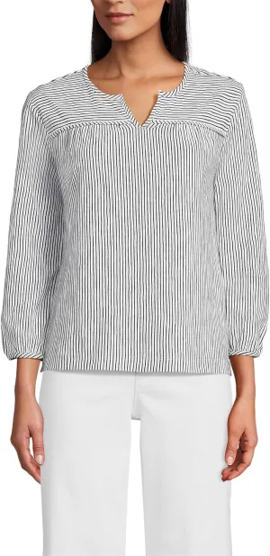 Lands' End Women's 3/4 Sleeve Slub Notch Neck Top