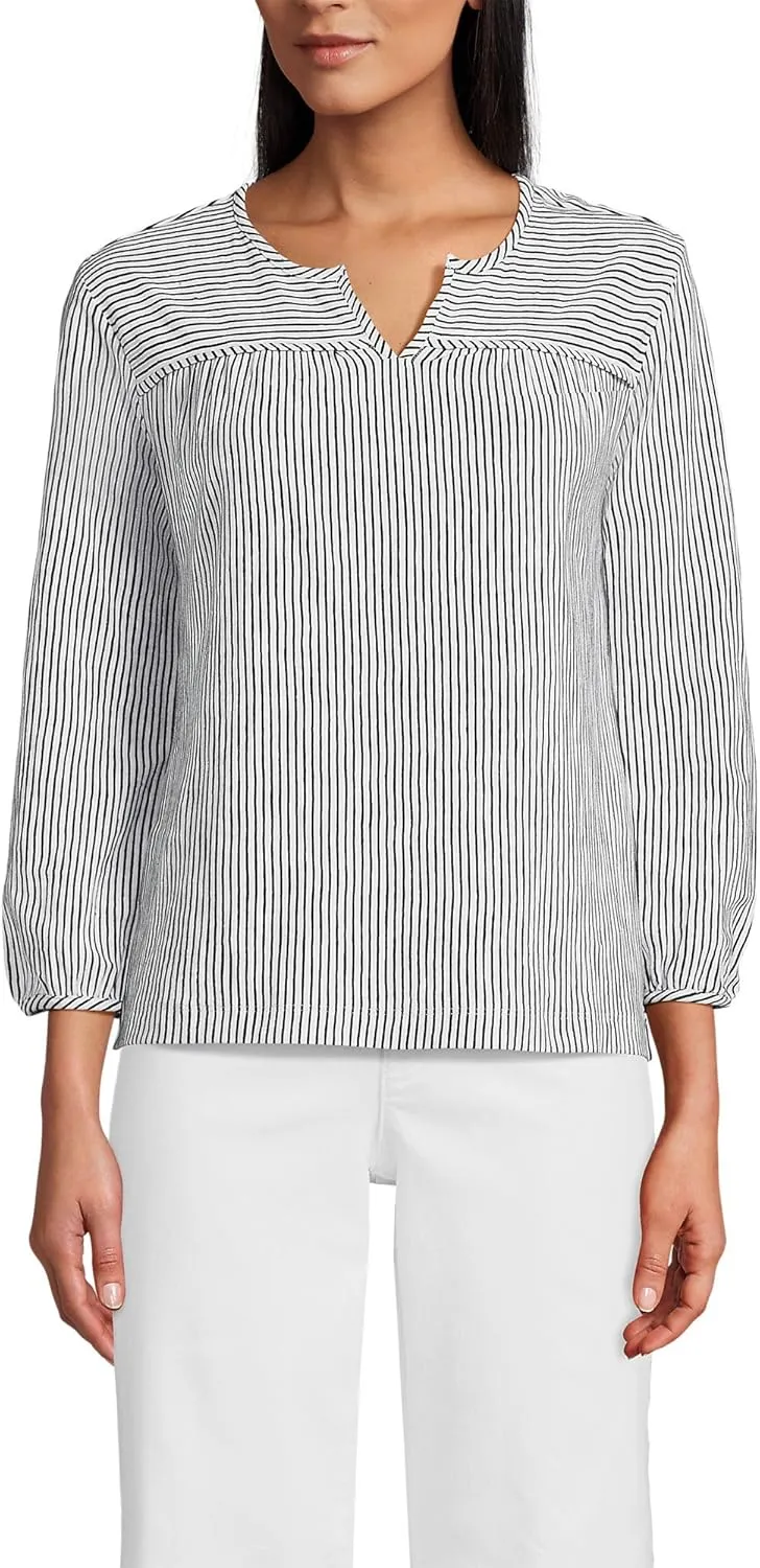 Lands' End Women's 3/4 Sleeve Slub Notch Neck Top