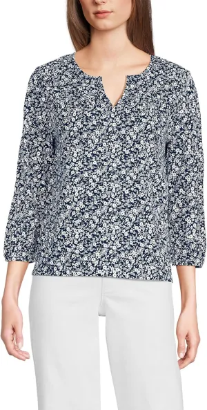 Lands' End Women's 3/4 Sleeve Slub Notch Neck Top