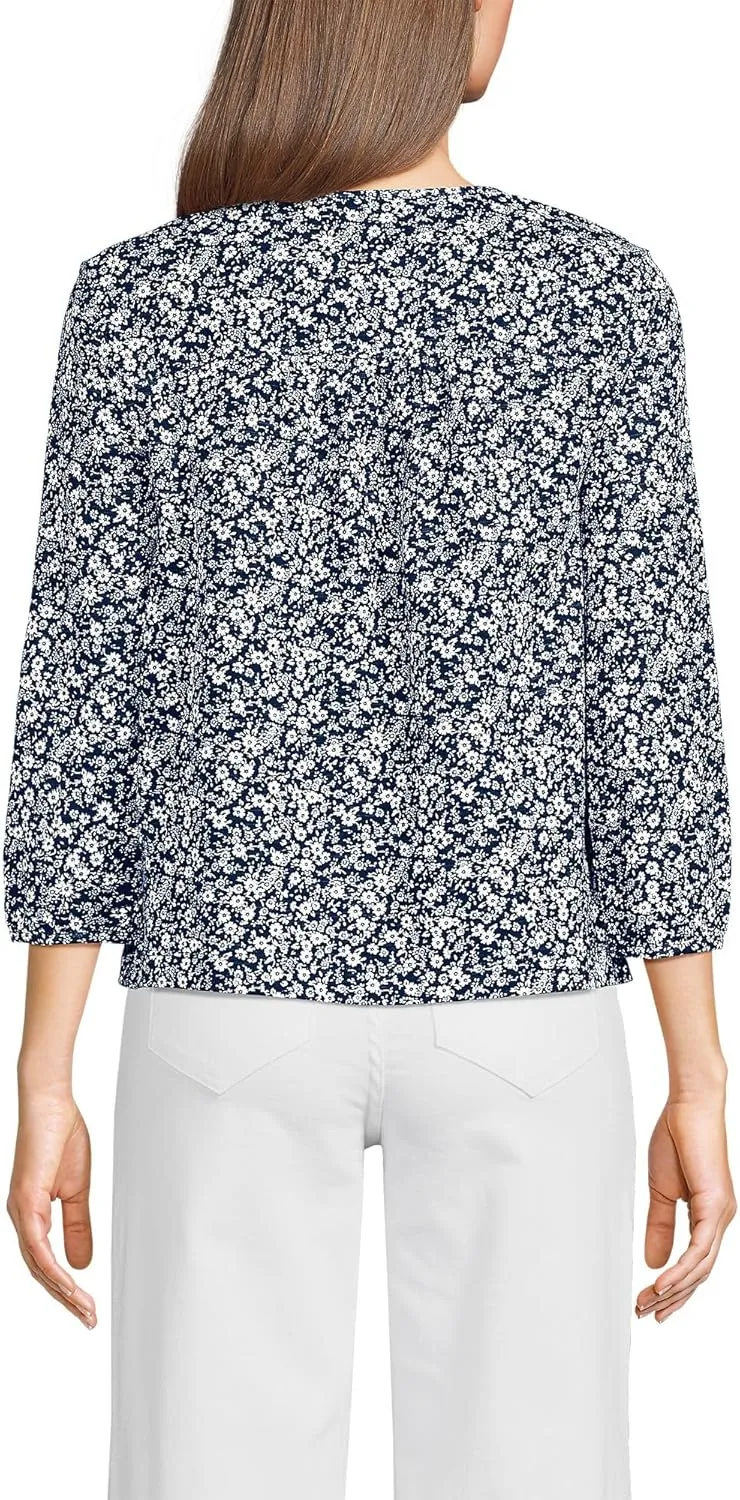 Lands' End Women's 3/4 Sleeve Slub Notch Neck Top