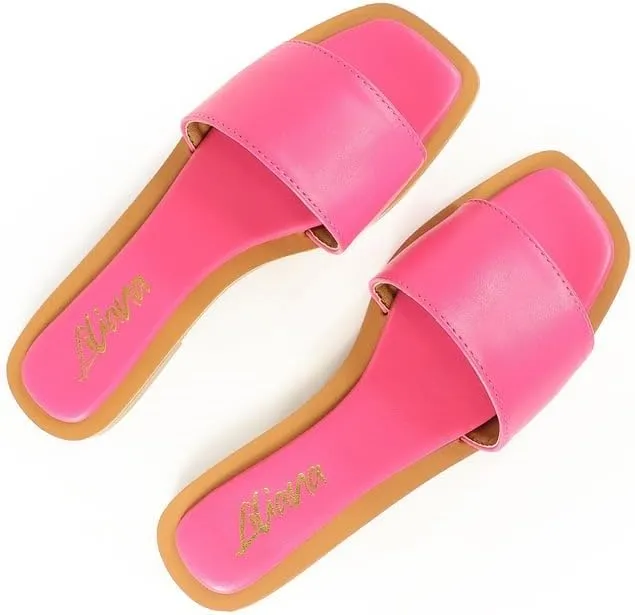 Liliana Women's Comfortable Slip-on Block Square Toe Flat Sandals with Cushioned Footbed - Perfect for Summer Beach Vacation Outfits, MINDEE-2