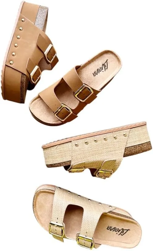 Liliana Womens Cork platform sandals Flatform slides footbed slippers sandals
