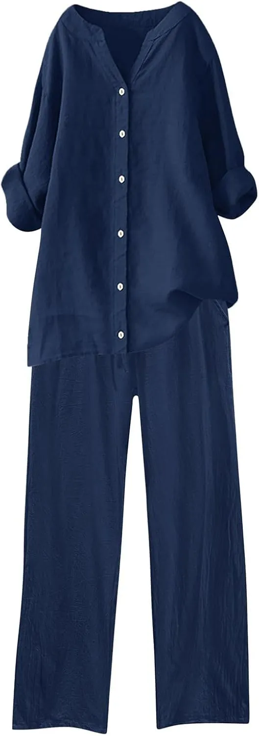 Linen Sets For Women 2 Piece Linen Two Piece Set Plus Size Lounge Matching Business Casual Summer Outfits For Women