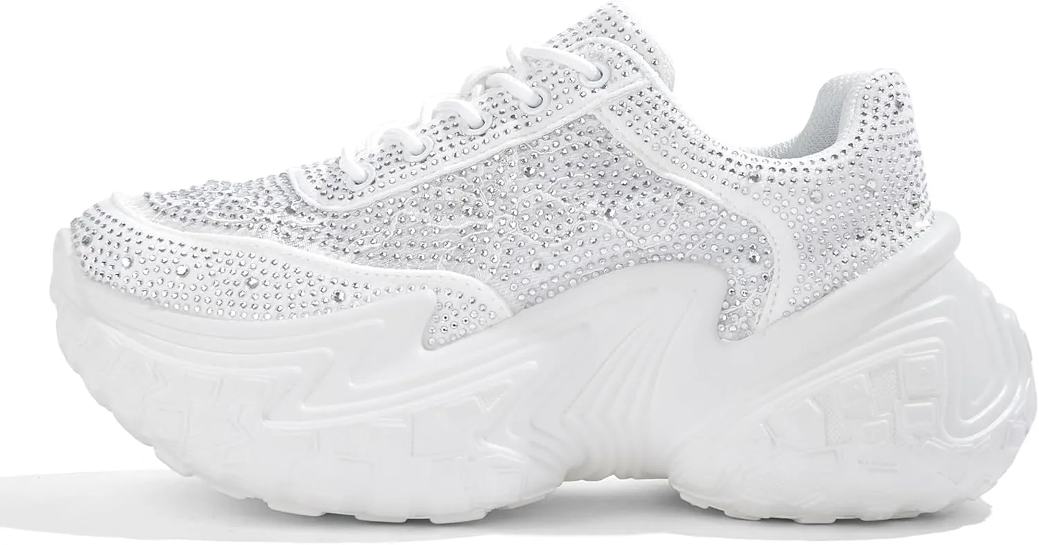 LUCKY STEP Women's Chunky Sneakers Platform Fashion Rhinestone Sparkly Dad Walking Shoes Butterfly Lace Wedge Casual Shiny Thick Sole Footwear