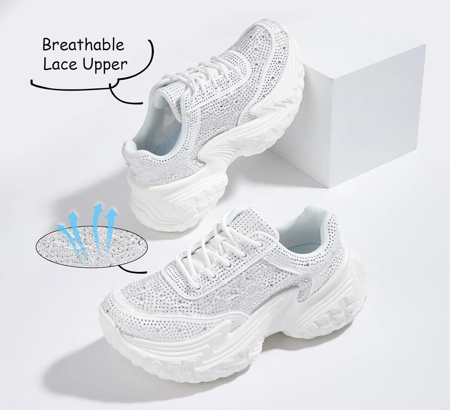 LUCKY STEP Women's Chunky Sneakers Platform Fashion Rhinestone Sparkly Dad Walking Shoes Butterfly Lace Wedge Casual Shiny Thick Sole Footwear