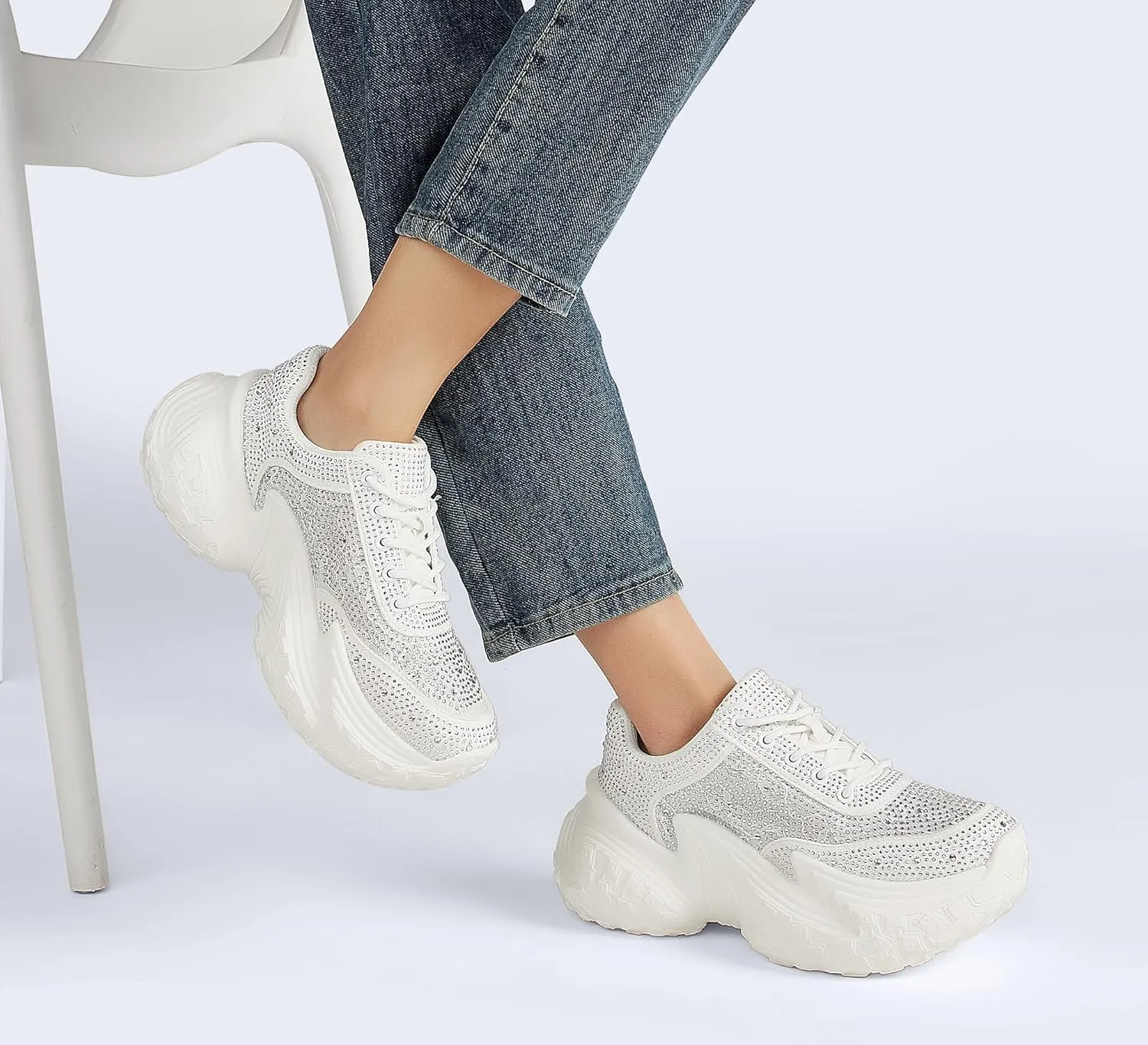 LUCKY STEP Women's Chunky Sneakers Platform Fashion Rhinestone Sparkly Dad Walking Shoes Butterfly Lace Wedge Casual Shiny Thick Sole Footwear