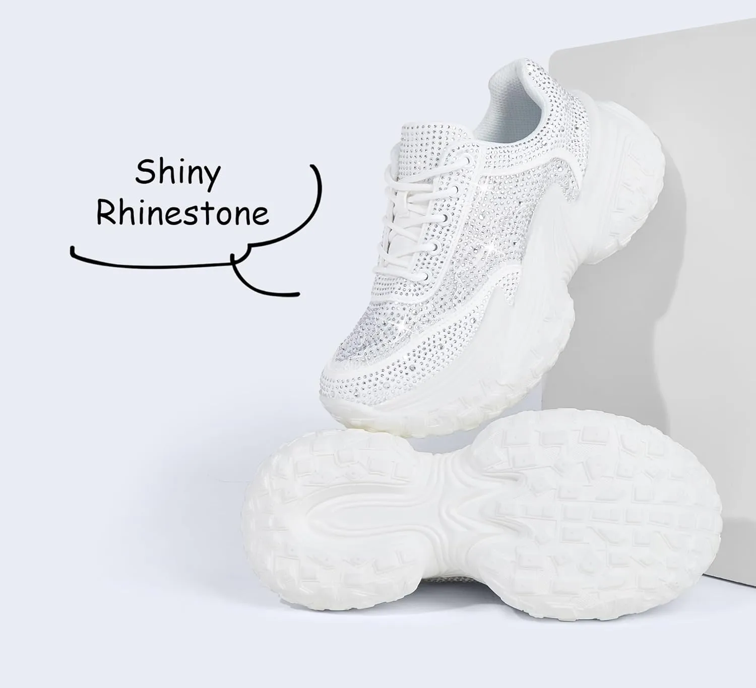 LUCKY STEP Women's Chunky Sneakers Platform Fashion Rhinestone Sparkly Dad Walking Shoes Butterfly Lace Wedge Casual Shiny Thick Sole Footwear