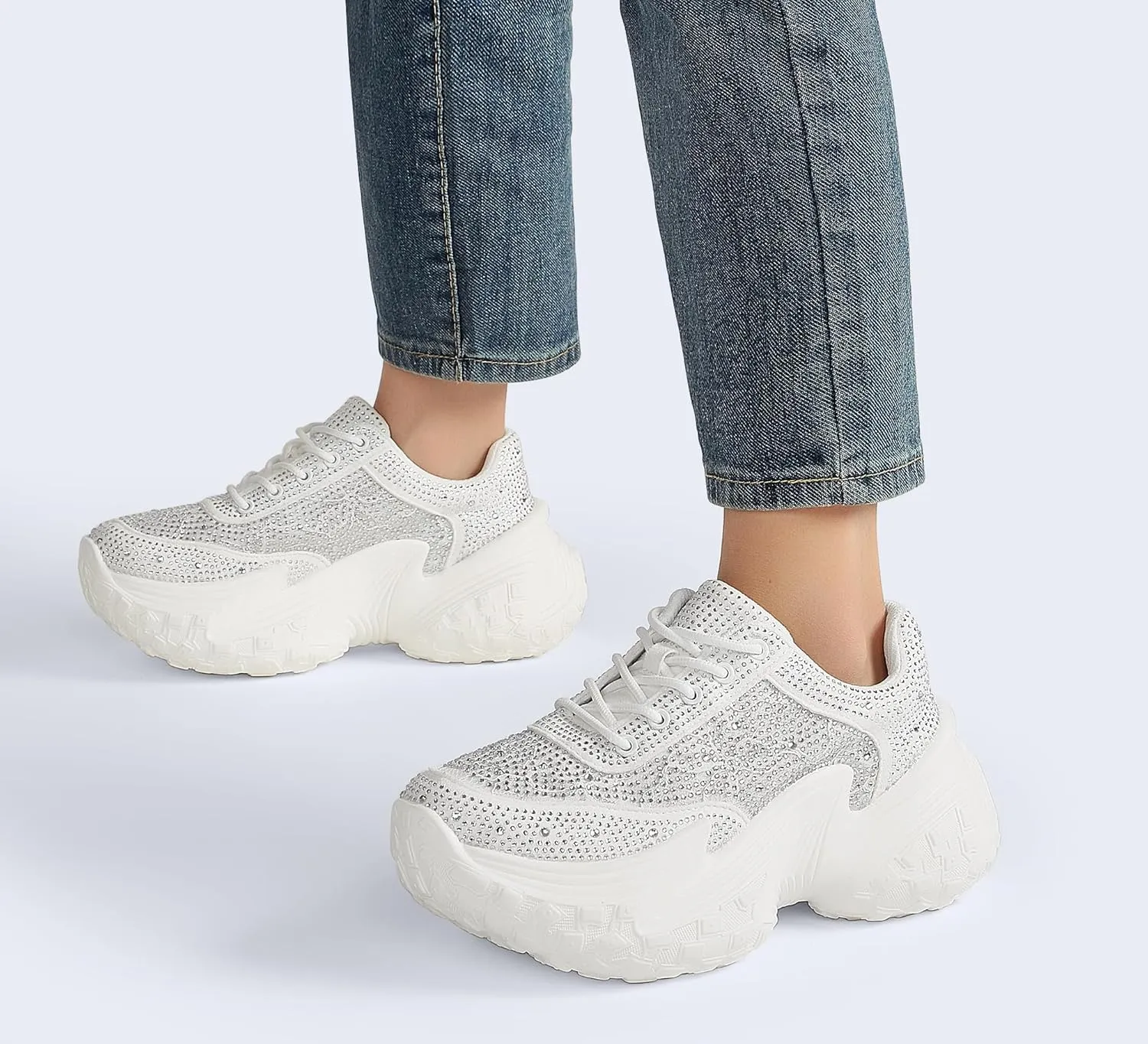 LUCKY STEP Women's Chunky Sneakers Platform Fashion Rhinestone Sparkly Dad Walking Shoes Butterfly Lace Wedge Casual Shiny Thick Sole Footwear