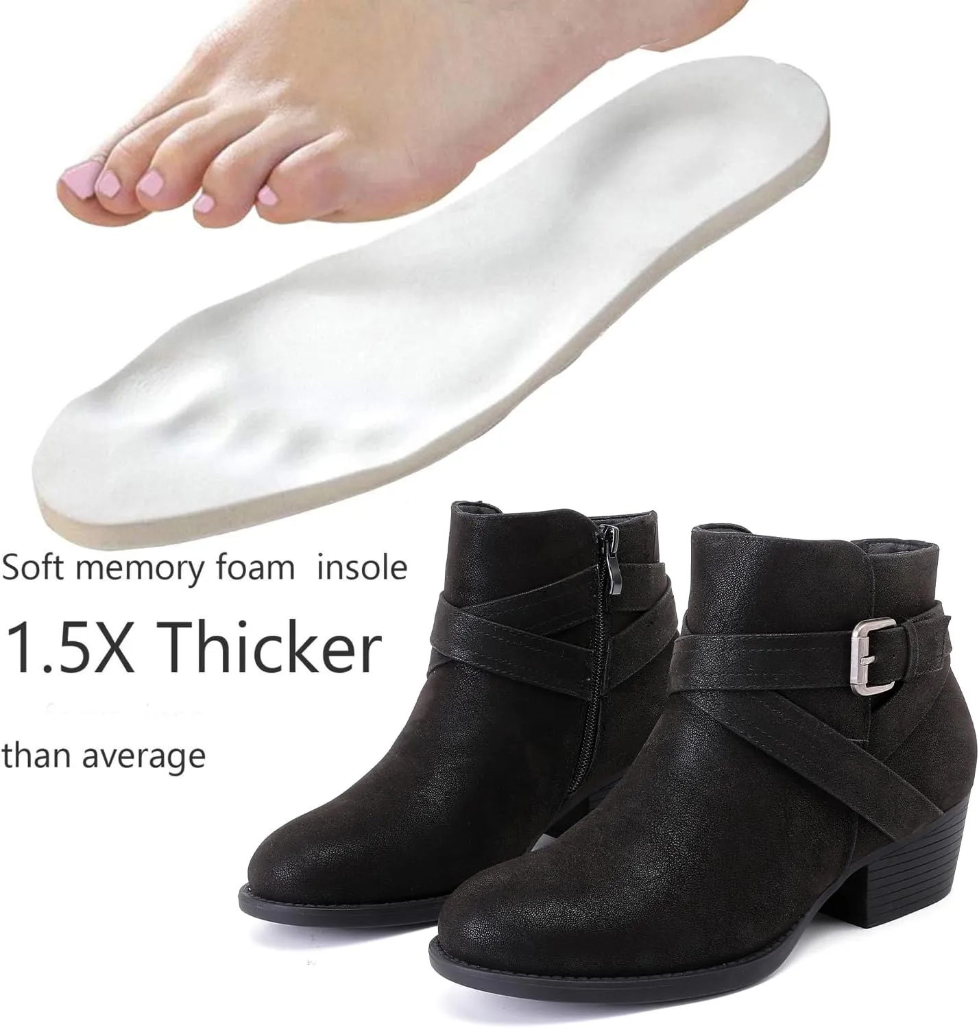 Luoika Women's Wide Width Ankle Boots - Black Brown Short Boots Block Low Heel Side Zipper Booties.