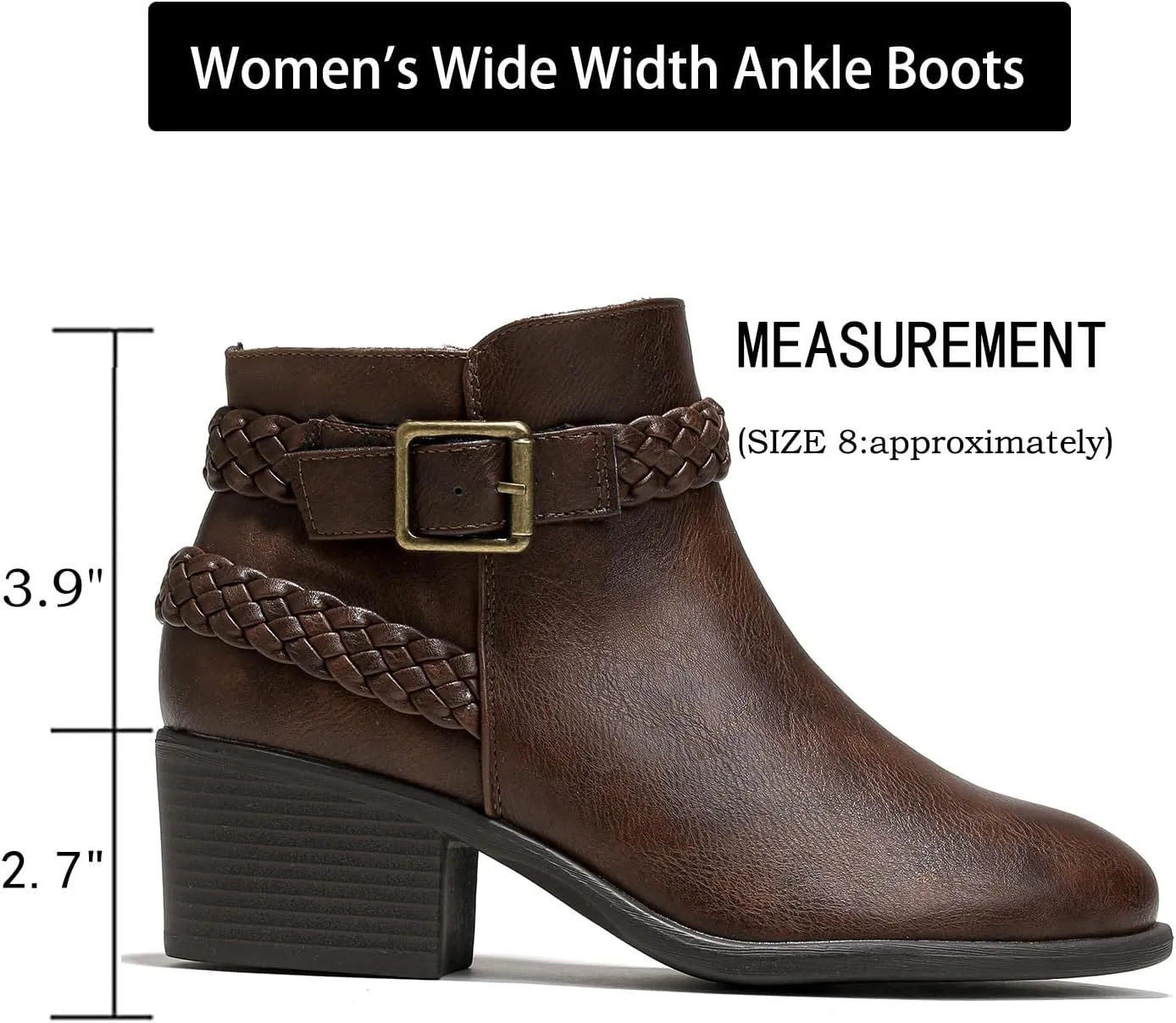 Luoika Women's Wide Width Ankle Boots - Black Brown Short Boots Block Low Heel Side Zipper Booties.