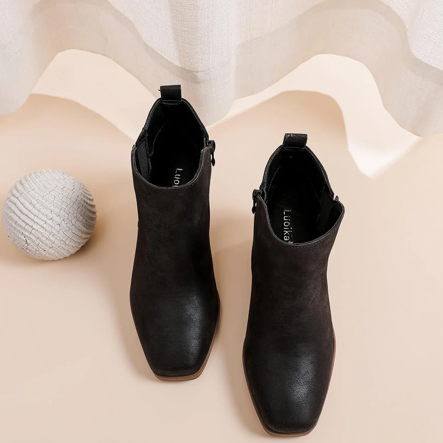Luoika Women's Wide Width Ankle Boots - Black Brown Short Boots Block Low Heel Side Zipper Booties.