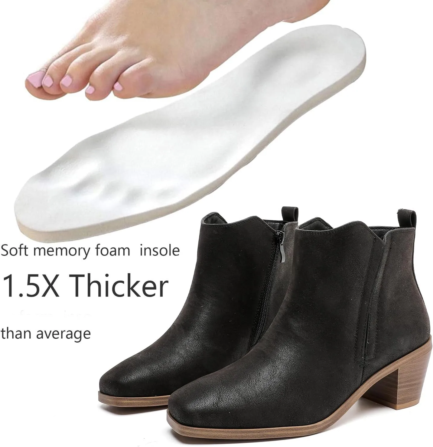 Luoika Women's Wide Width Ankle Boots - Black Brown Short Boots Block Low Heel Side Zipper Booties.