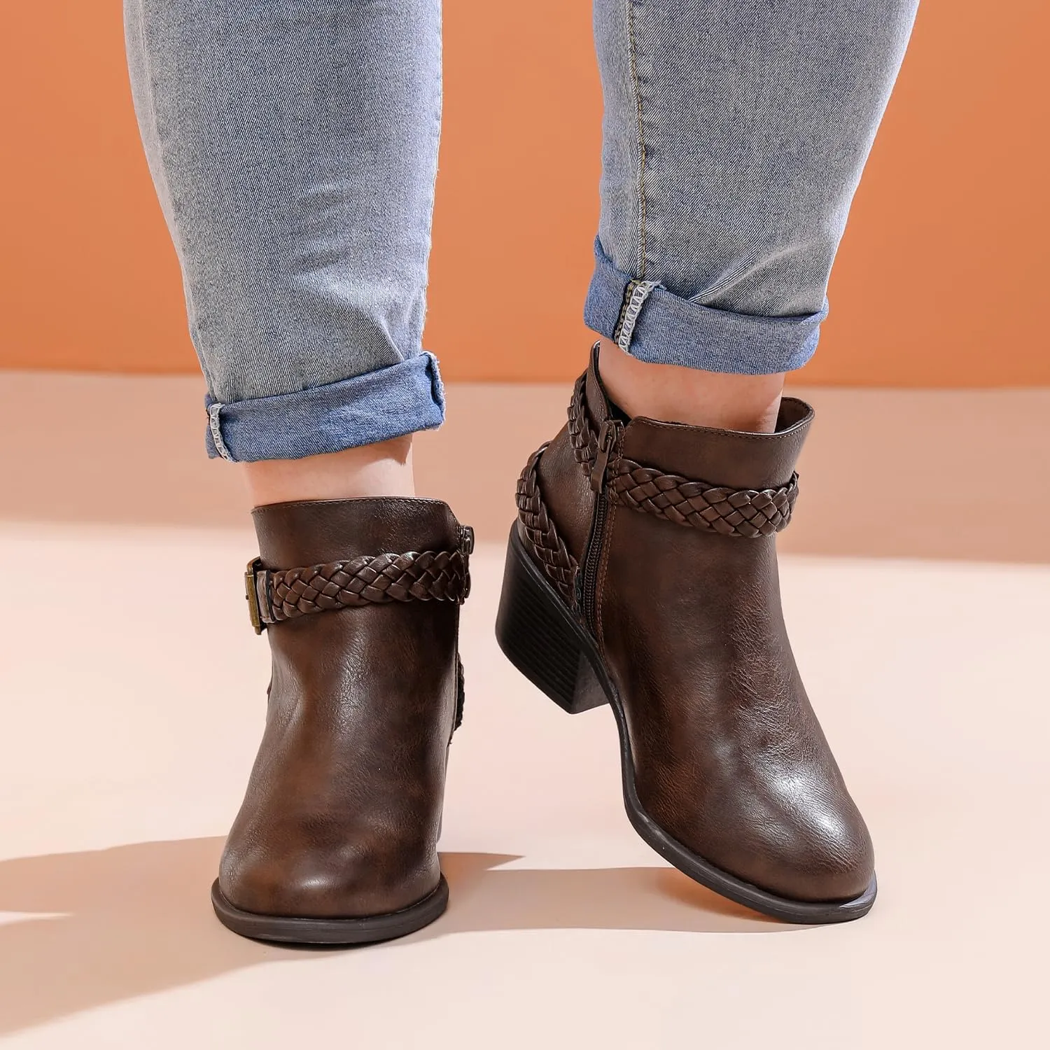 Luoika Women's Wide Width Ankle Boots - Black Brown Short Boots Block Low Heel Side Zipper Booties.