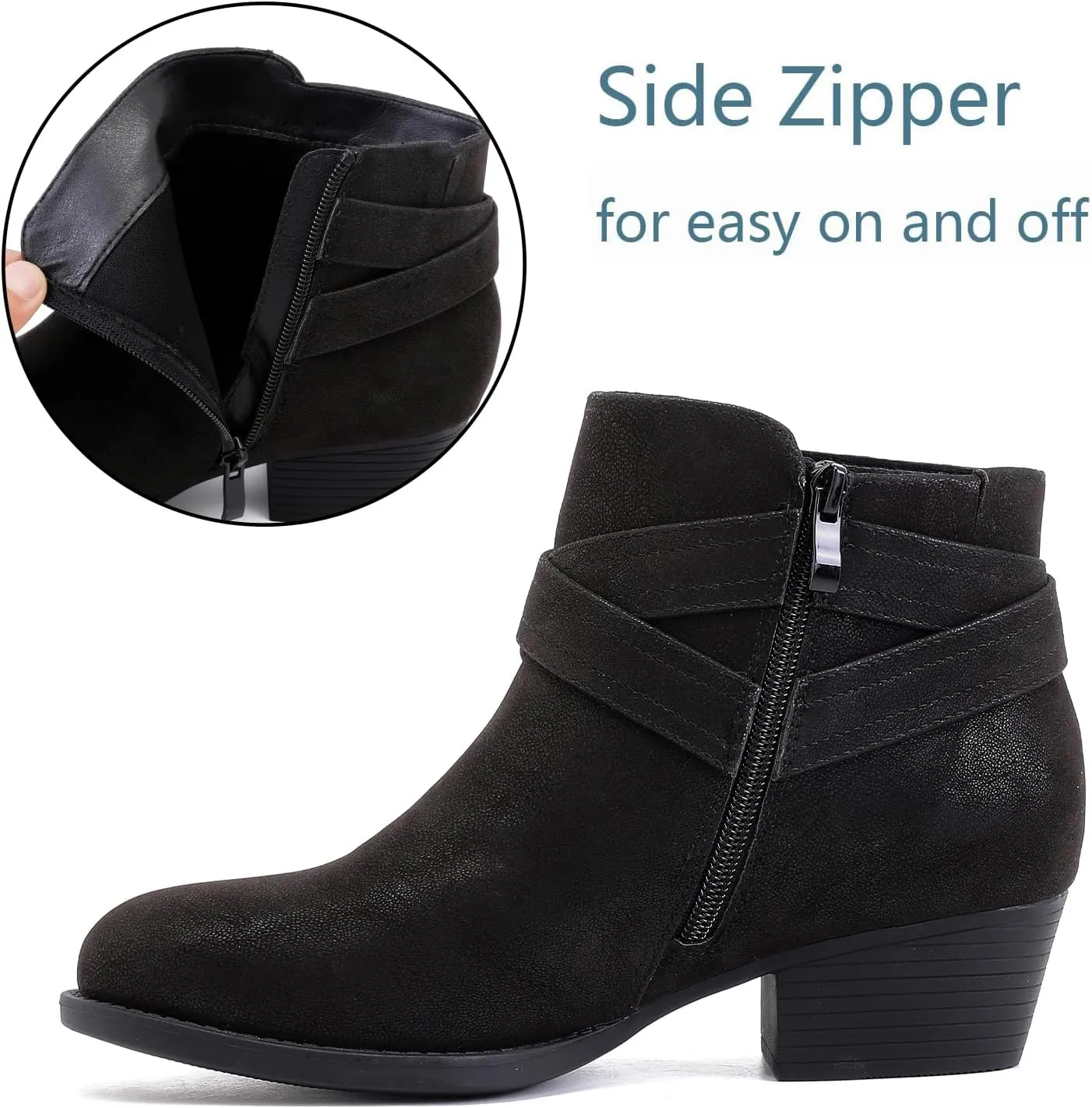 Luoika Women's Wide Width Ankle Boots - Black Brown Short Boots Block Low Heel Side Zipper Booties.