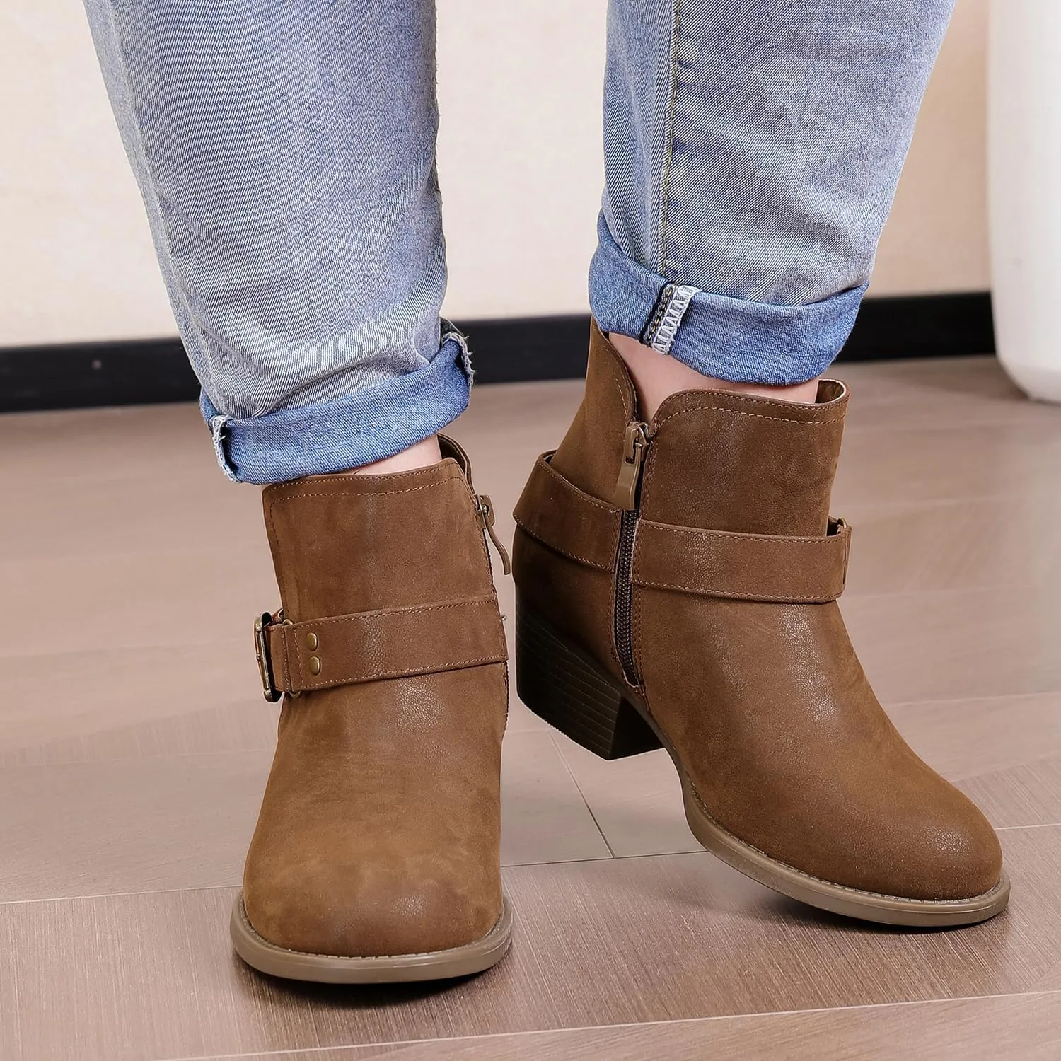 Luoika Women's Wide Width Ankle Boots - Black Brown Short Boots Block Low Heel Side Zipper Booties.