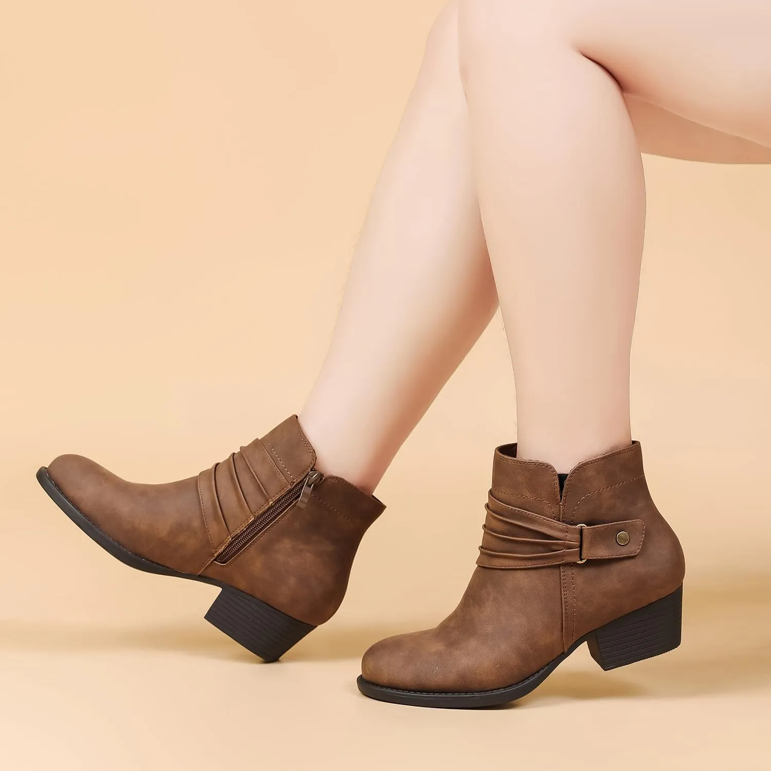 Luoika Women's Wide Width Ankle Boots - Black Brown Short Boots Block Low Heel Side Zipper Booties.