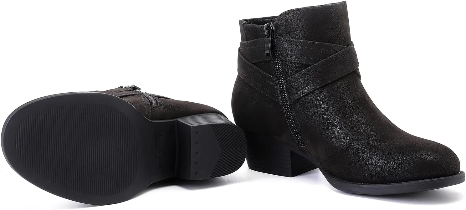 Luoika Women's Wide Width Ankle Boots - Black Brown Short Boots Block Low Heel Side Zipper Booties.