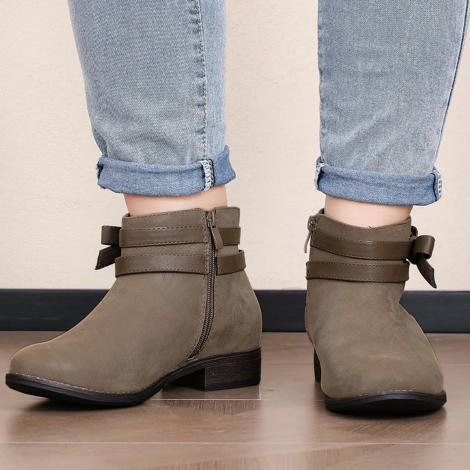 Luoika Women's Wide Width Ankle Boots - Black Brown Short Boots Block Low Heel Side Zipper Booties.
