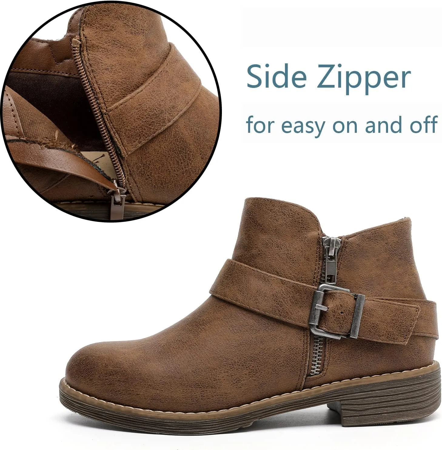 Luoika Women's Wide Width Ankle Boots - Black Brown Short Boots Block Low Heel Side Zipper Booties.