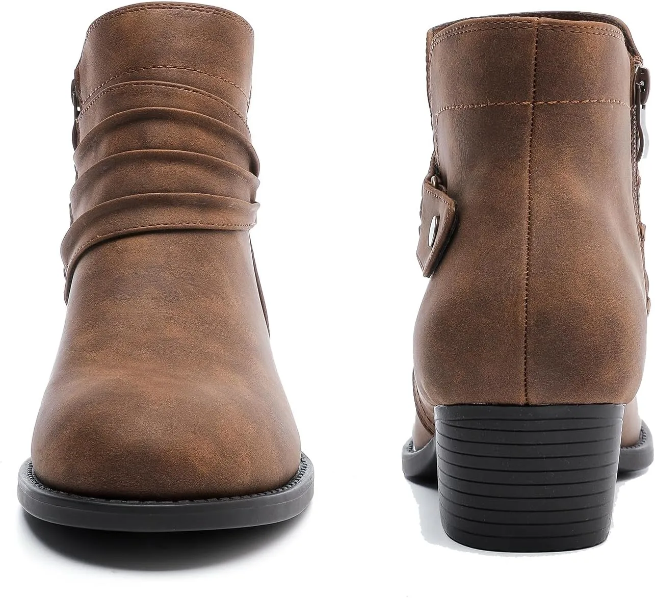 Luoika Women's Wide Width Ankle Boots - Black Brown Short Boots Block Low Heel Side Zipper Booties.