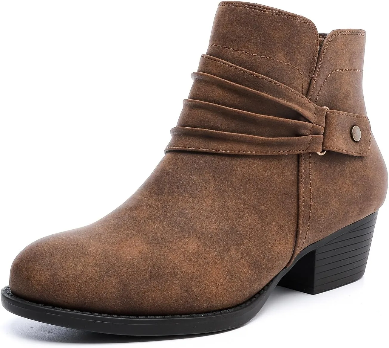 Luoika Women's Wide Width Ankle Boots - Black Brown Short Boots Block Low Heel Side Zipper Booties.