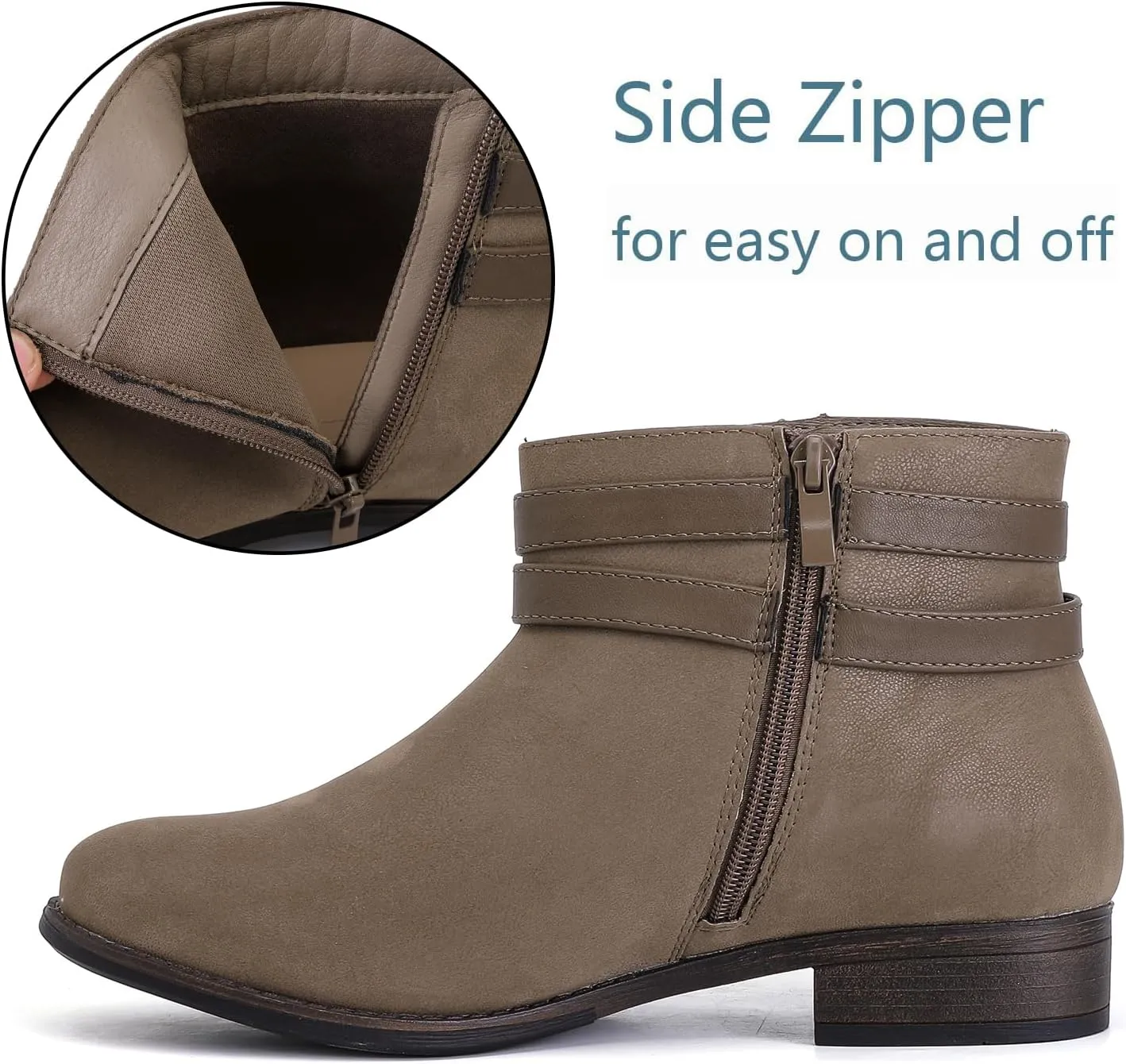 Luoika Women's Wide Width Ankle Boots - Black Brown Short Boots Block Low Heel Side Zipper Booties.