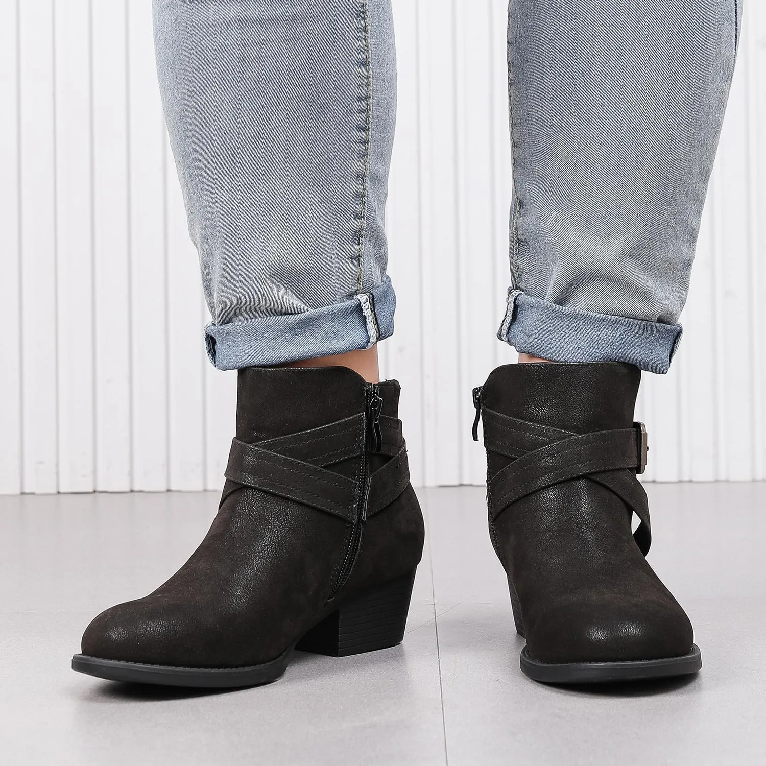 Luoika Women's Wide Width Ankle Boots - Black Brown Short Boots Block Low Heel Side Zipper Booties.