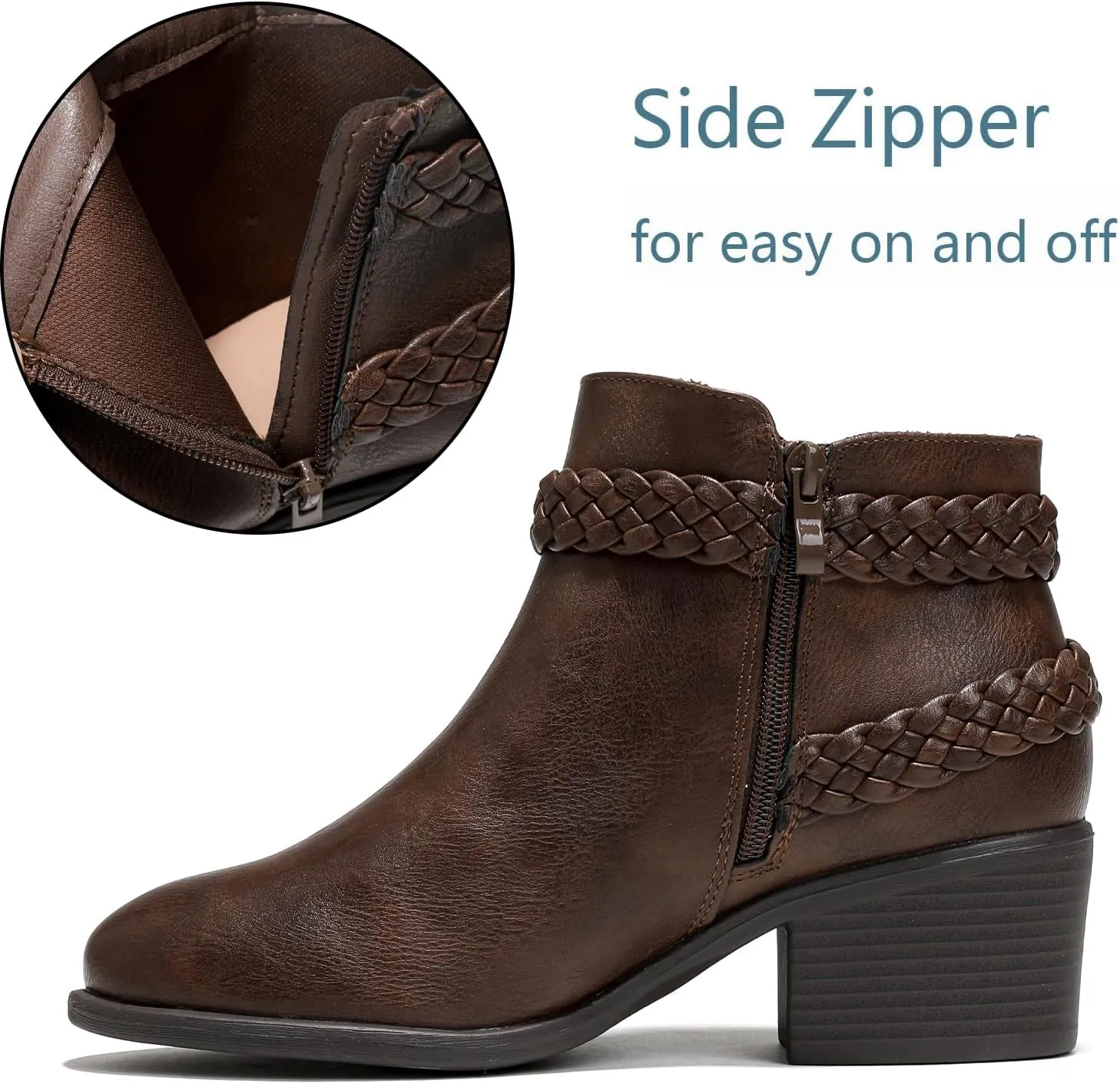 Luoika Women's Wide Width Ankle Boots - Black Brown Short Boots Block Low Heel Side Zipper Booties.