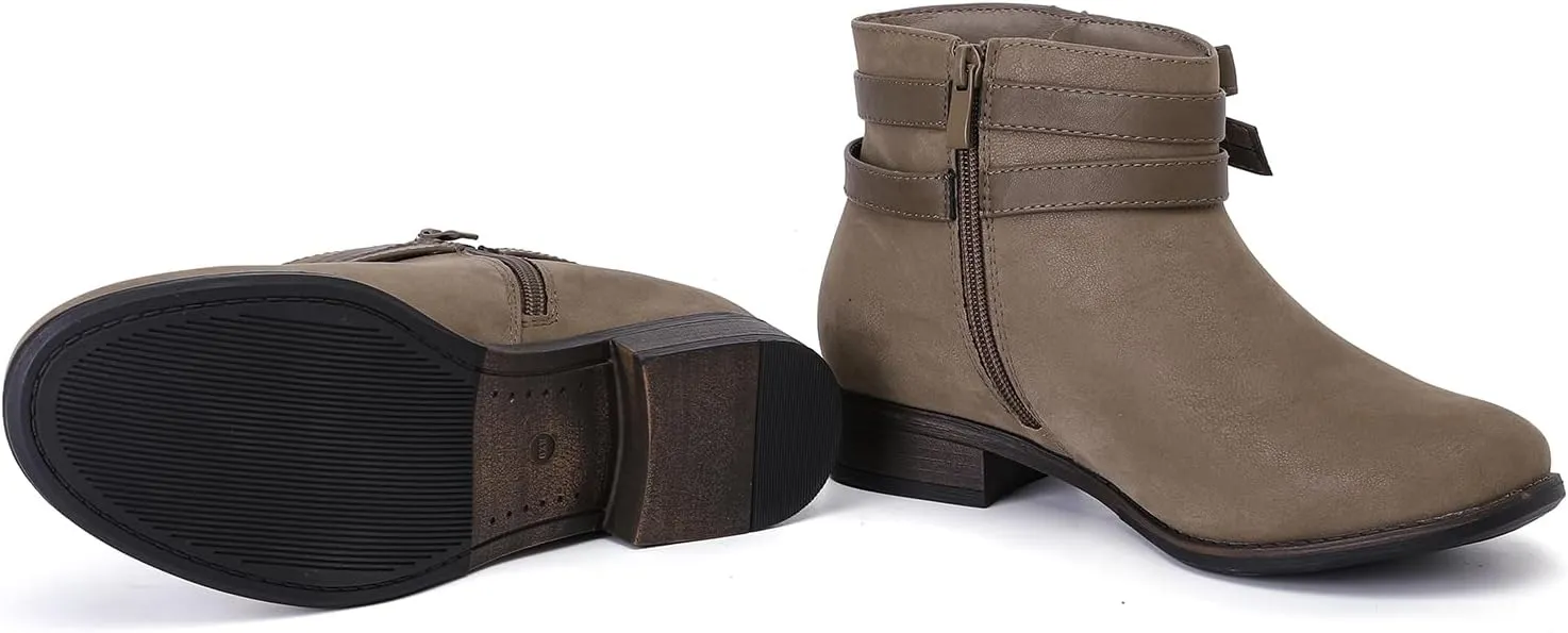 Luoika Women's Wide Width Ankle Boots - Black Brown Short Boots Block Low Heel Side Zipper Booties.