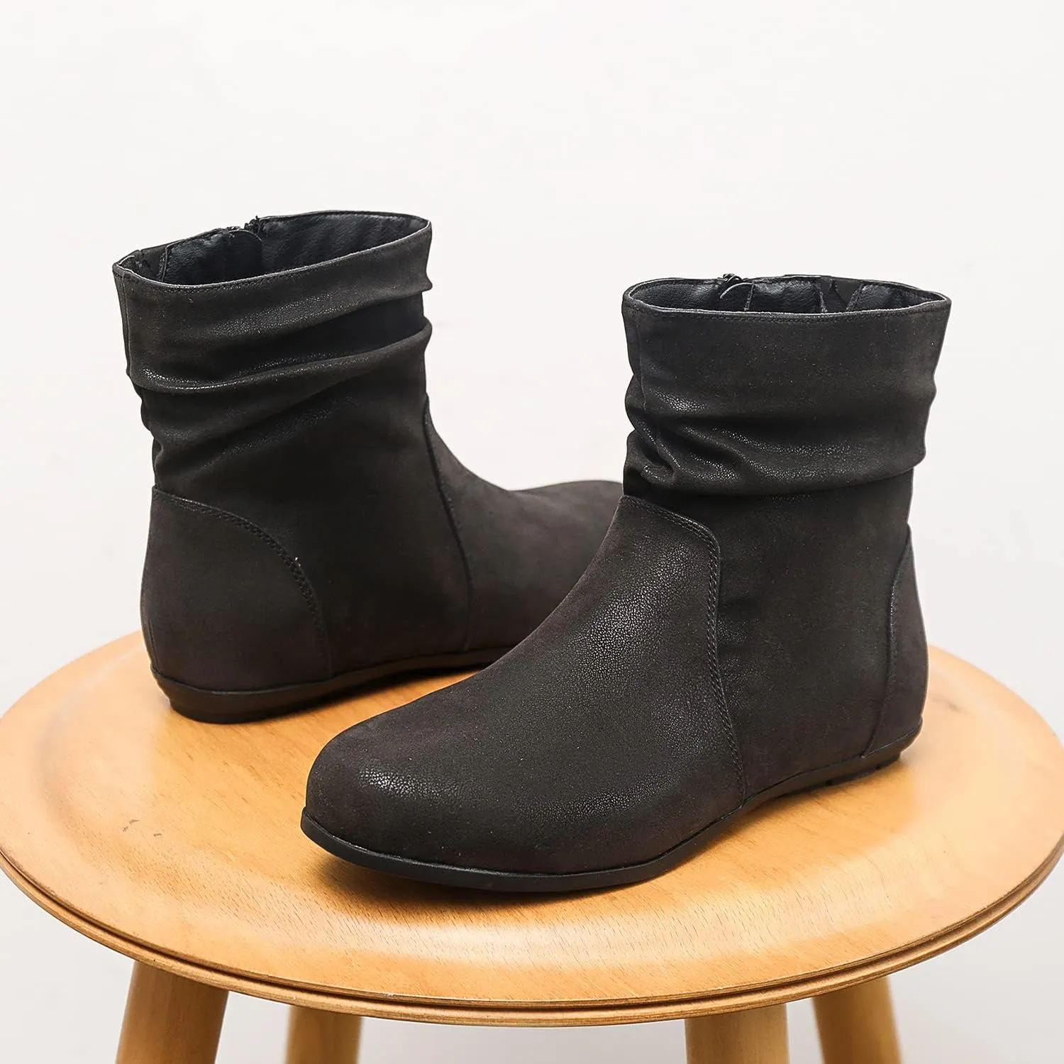 Luoika Women's Wide Width Ankle Boots - Black Brown Short Boots Block Low Heel Side Zipper Booties.