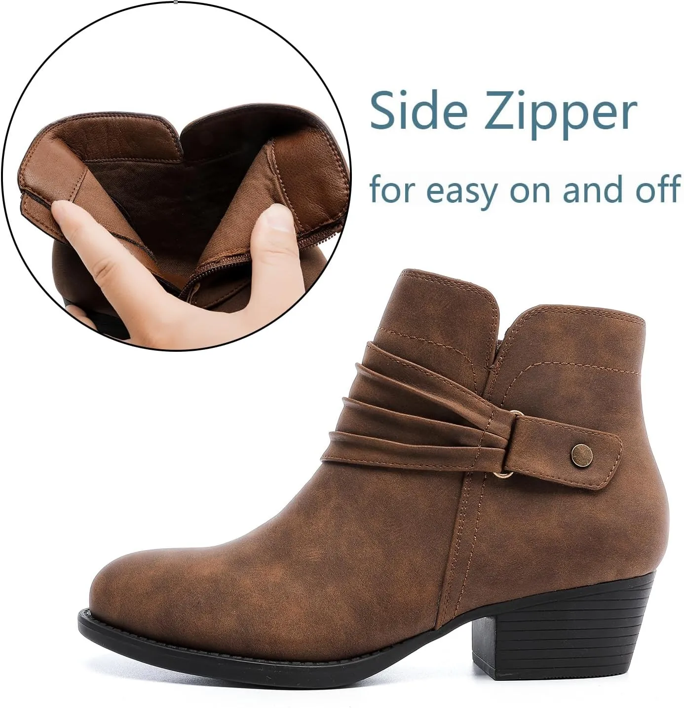 Luoika Women's Wide Width Ankle Boots - Black Brown Short Boots Block Low Heel Side Zipper Booties.